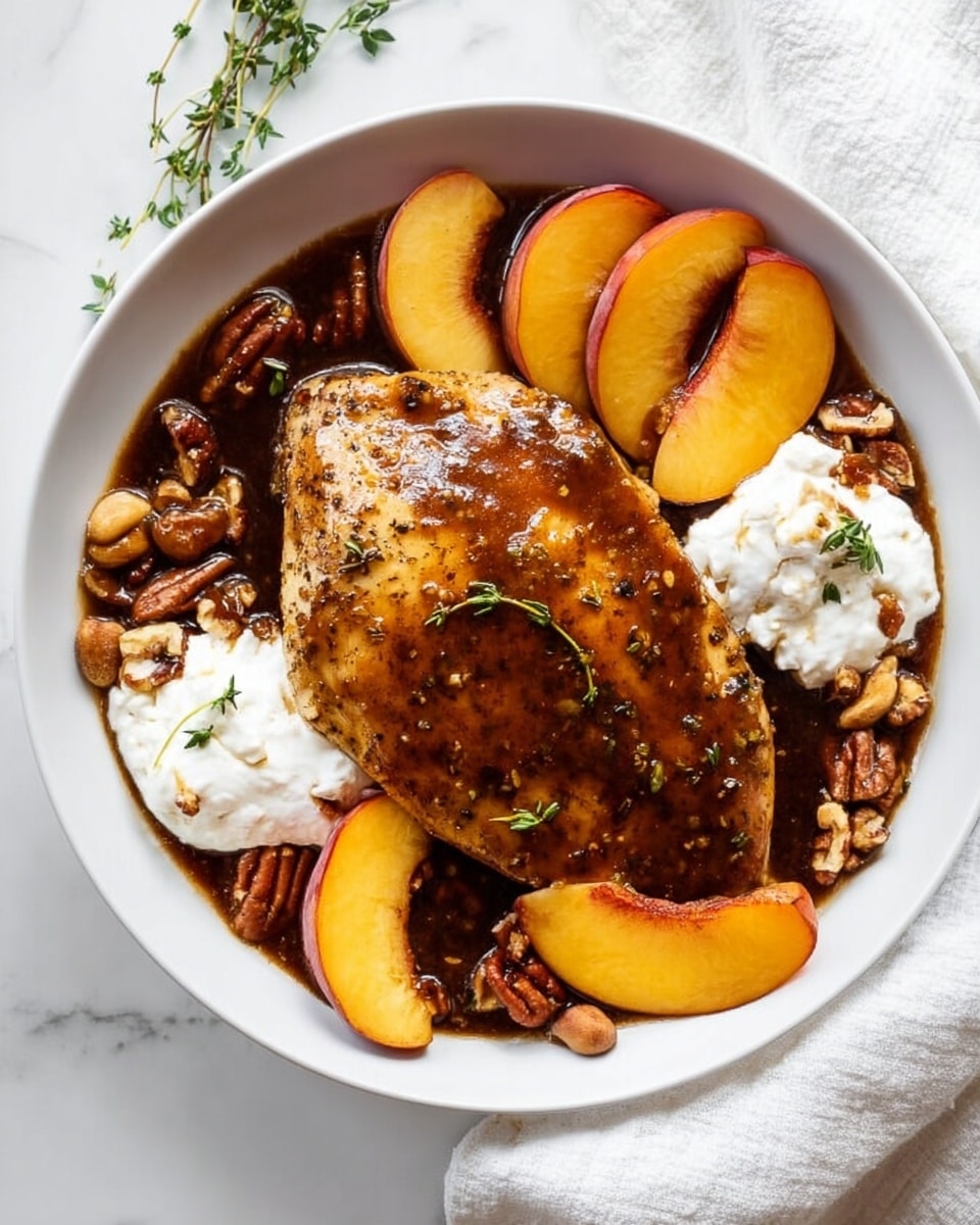 In a white bowl on a white marbled surface, a large brown cooked chicken piece covered with dark brown sauce is placed in the center. Around it, golden peach slices are arranged on the left and right, some halved roasted nuts are scattered mostly on the left and lower right, and two dollops of white cottage cheese sit on either side of the chicken. Small green thyme sprigs decorate the top and bottom edges of the dish. A white cloth is visible in the top right corner. Photo taken with an iphone --ar 4:5 --v 7