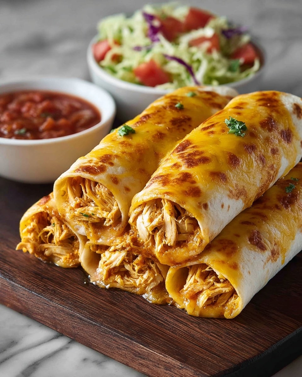 Five rolled tortillas are stacked in two layers on a dark wooden board, each filled with shredded golden-brown chicken and covered with a melted yellow-orange cheese layer that has a lightly browned texture. Small green herb pieces are sprinkled on top of the tortillas. Behind the stack, there is a white bowl filled with chunky red salsa and another white bowl holding a fresh salad made of shredded green lettuce, red tomatoes, and bits of purple cabbage. The scene is set on a white marbled surface. Photo taken with an iphone --ar 4:5 --v 7