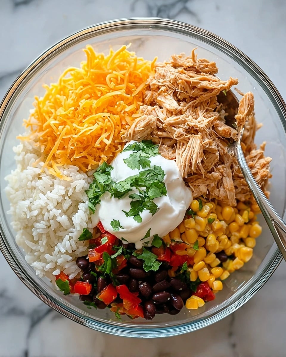 A clear glass bowl sits on a white marbled surface filled with six main layers: shredded light tan shredded chicken at the top, bright orange shredded cheddar cheese to the left, fluffy white rice mixed with small pieces of red bell pepper and yellow corn at the bottom, dark black beans to the right with some more yellow corn, and a dollop of white sour cream topped with green cilantro leaves in the center. A silver spoon rests inside the bowl, partly touching the sour cream and beans. Photo taken with an iphone --ar 4:5 --v 7