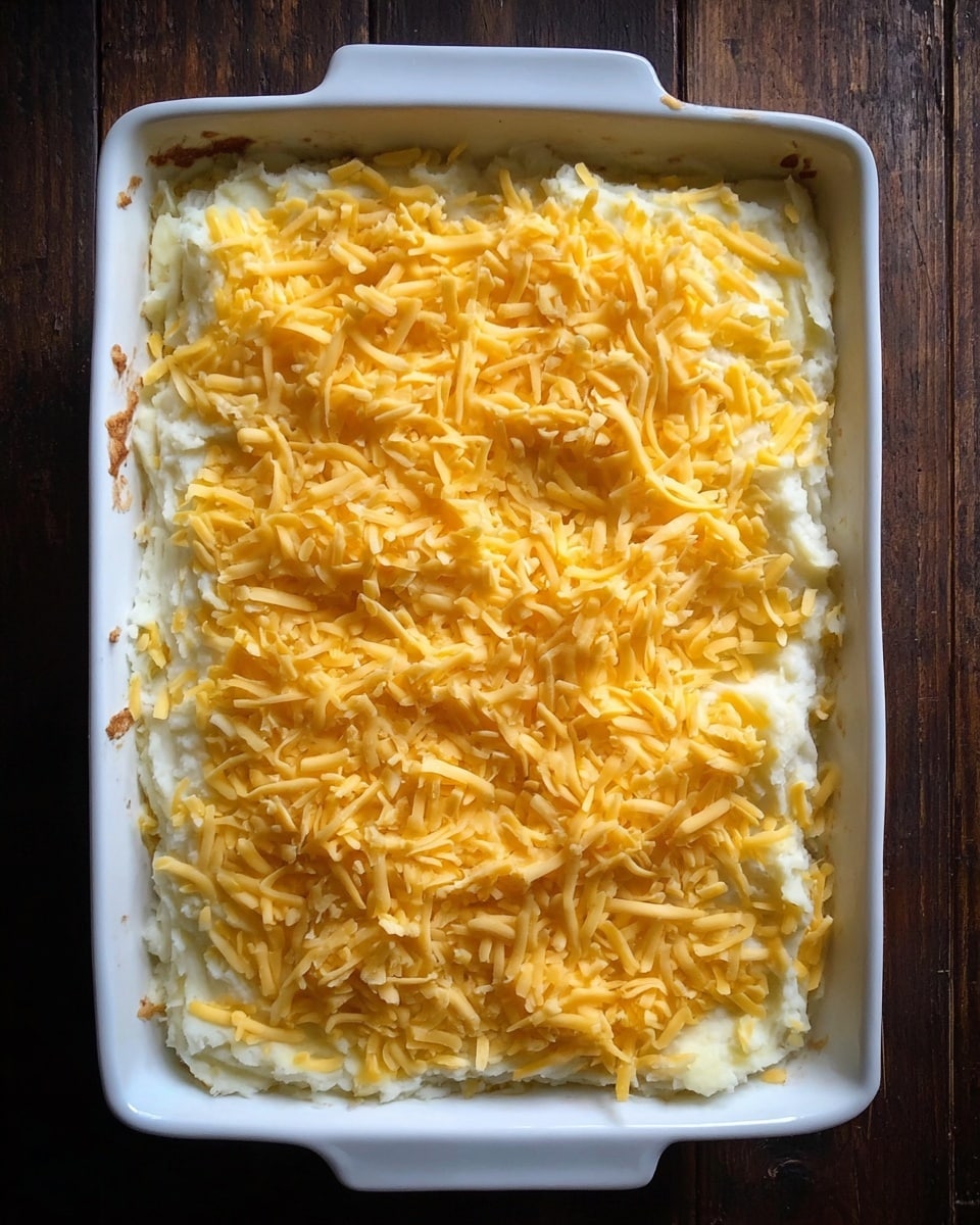 A square white baking dish filled with a layered dish, topped with evenly spread shredded yellow cheese over a creamy white layer that looks like mashed potatoes. The edges show slight browning and crisping from baking. The dish is placed on a dark wooden surface that contrasts with the white baking dish. photo taken with an iphone --ar 4:5 --v 7