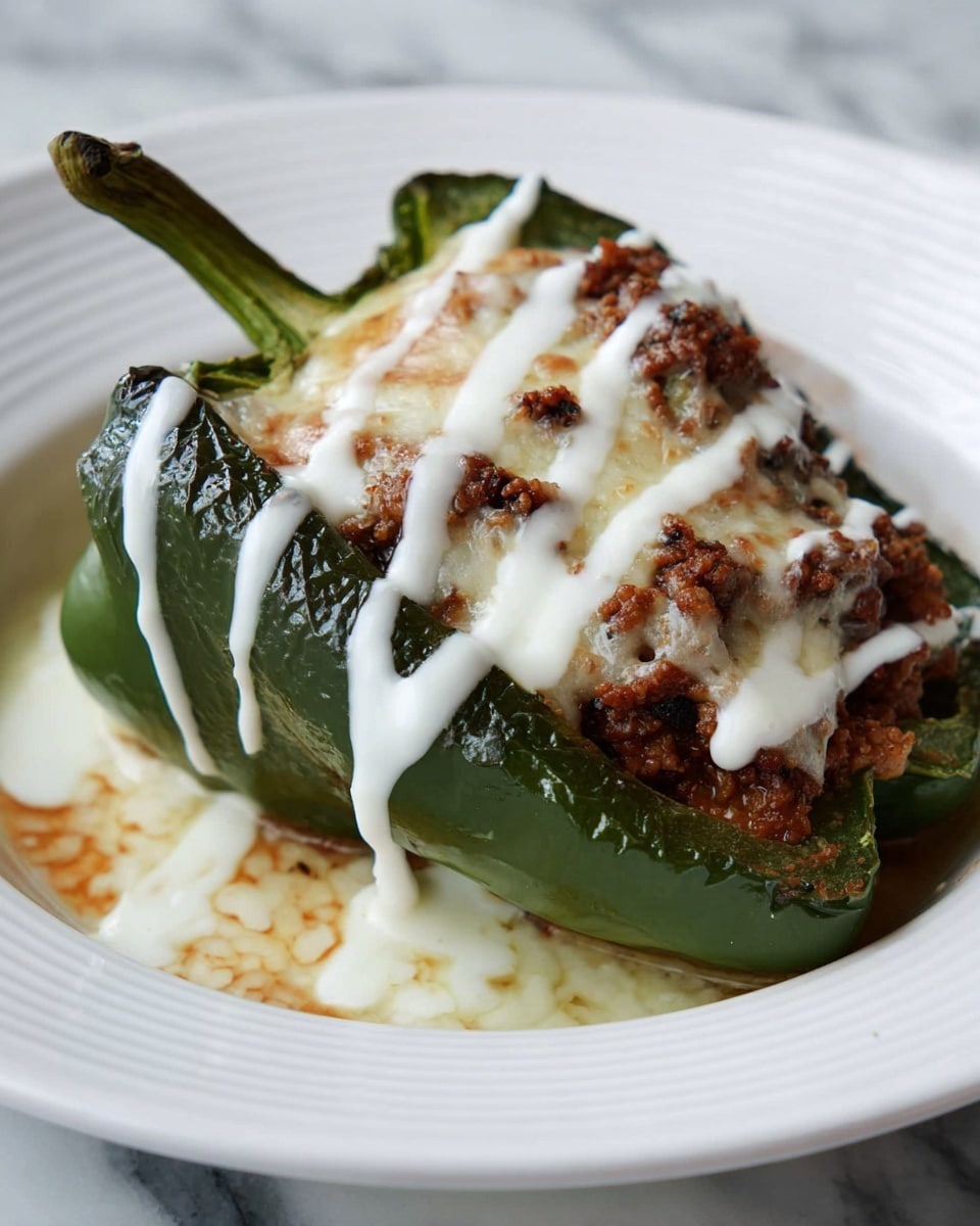 The dish shows a halved green pepper with dark green skin and a soft, tender inside filled with a brown, crumbly meat mix topped with melted, slightly browned cheese. White sauce is drizzled across the top in thick, even lines, adding contrast to the rich colors underneath. The stuffed pepper rests on a white plate, with the whole setting placed on a white marbled surface, making the colors of the food stand out clearly photo taken with an iphone --ar 4:5 --v 7