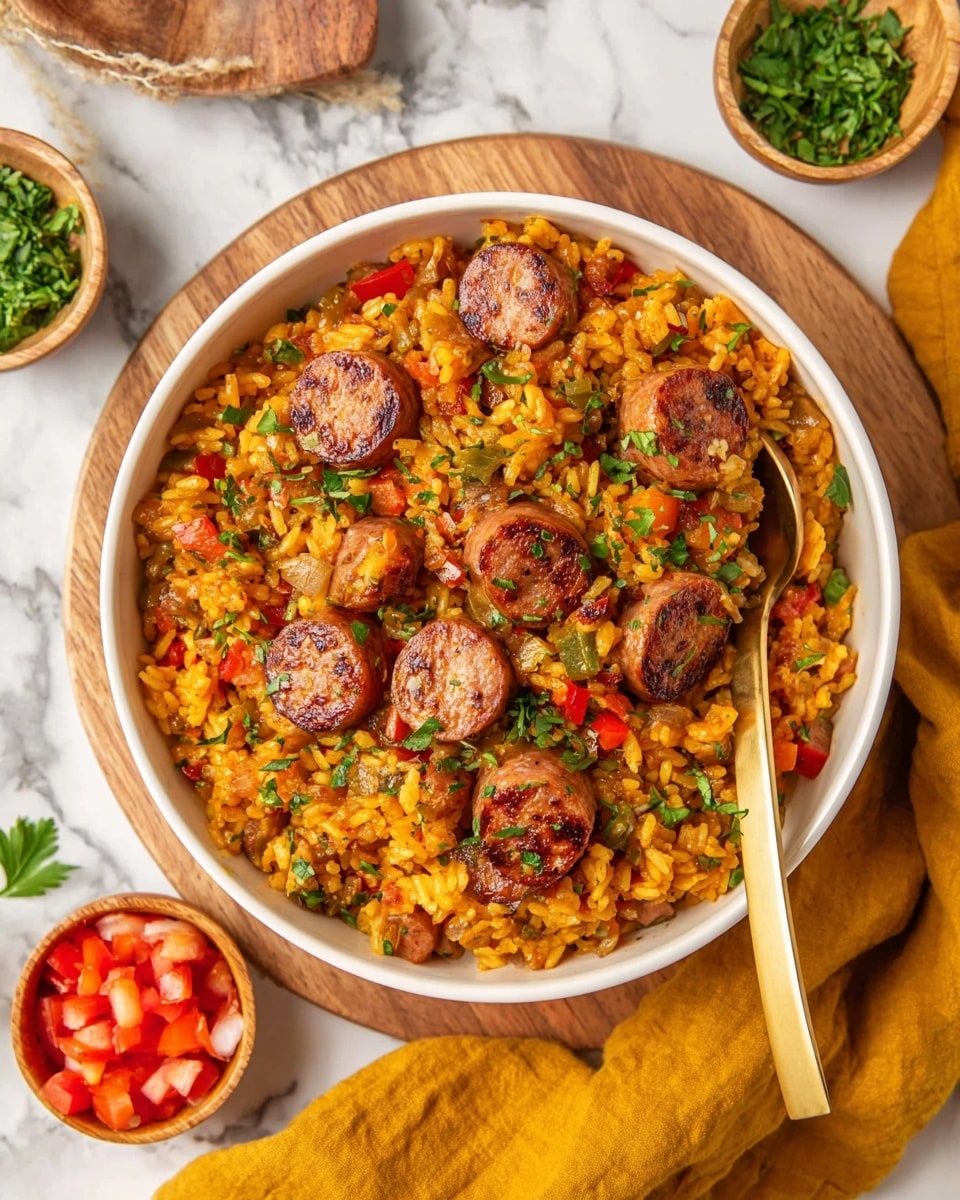 This close-up image shows a dish in a white bowl filled with three main layers: the bottom layer is soft, yellow-orange rice mixed with small pieces of red bell pepper; the middle layer includes browned, round sausage slices with a slightly charred texture on the edges; and the top layer is sprinkled with fresh green herbs adding a pop of bright color. The white bowl sits on a white marbled surface. The photo taken with an iphone --ar 4:5 --v 7