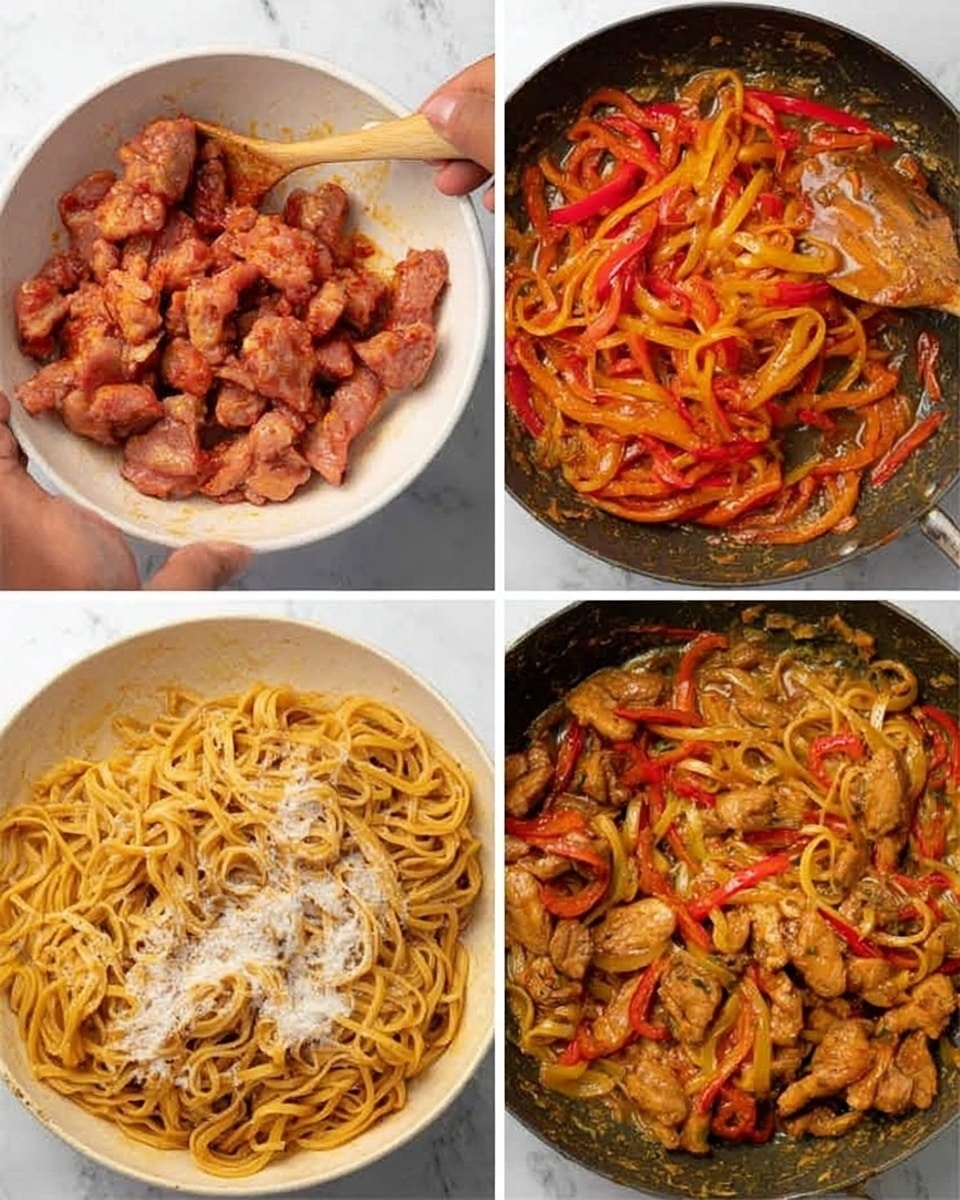 A collage of four images showing the process of cooking a noodle dish. Top left shows a woman's hand holding a white bowl filled with raw sliced meat coated in a reddish marinade, with a wooden spatula resting inside. Top right shows the meat now cooked in a pan with orange and red bell pepper strips, bubbling in oil. Bottom left shows long noodles added to the pan with the cooked meat and peppers, coated with a light sauce and some white streaks on top. Bottom right shows the noodles mixed well with the meat and peppers, all coated evenly in a golden sauce with visible spices and bubbles, on a white marbled surface. Photo taken with an iphone --ar 4:5 --v 7