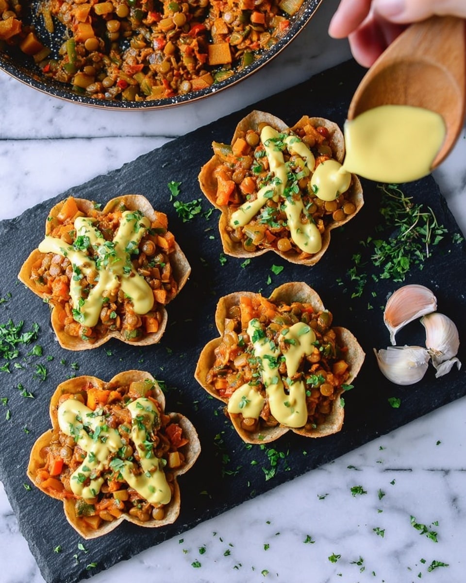 Four flower-shaped taco shells sit on a dark slate board, each filled with a mixture of cooked lentils and diced vegetables in warm orange and green tones. The filling is topped with small dollops of yellow, creamy sauce and sprigs of fresh green herbs. A woman's hand holds a wooden spoon, drizzling extra sauce over the top of one shell. In the upper part of the image, a pan holds more of the lentil and vegetable mix. Two cloves of garlic rest on the slate board near the bottom right corner. The scene is set on a white marbled surface. photo taken with an iphone --ar 4:5 --v 7