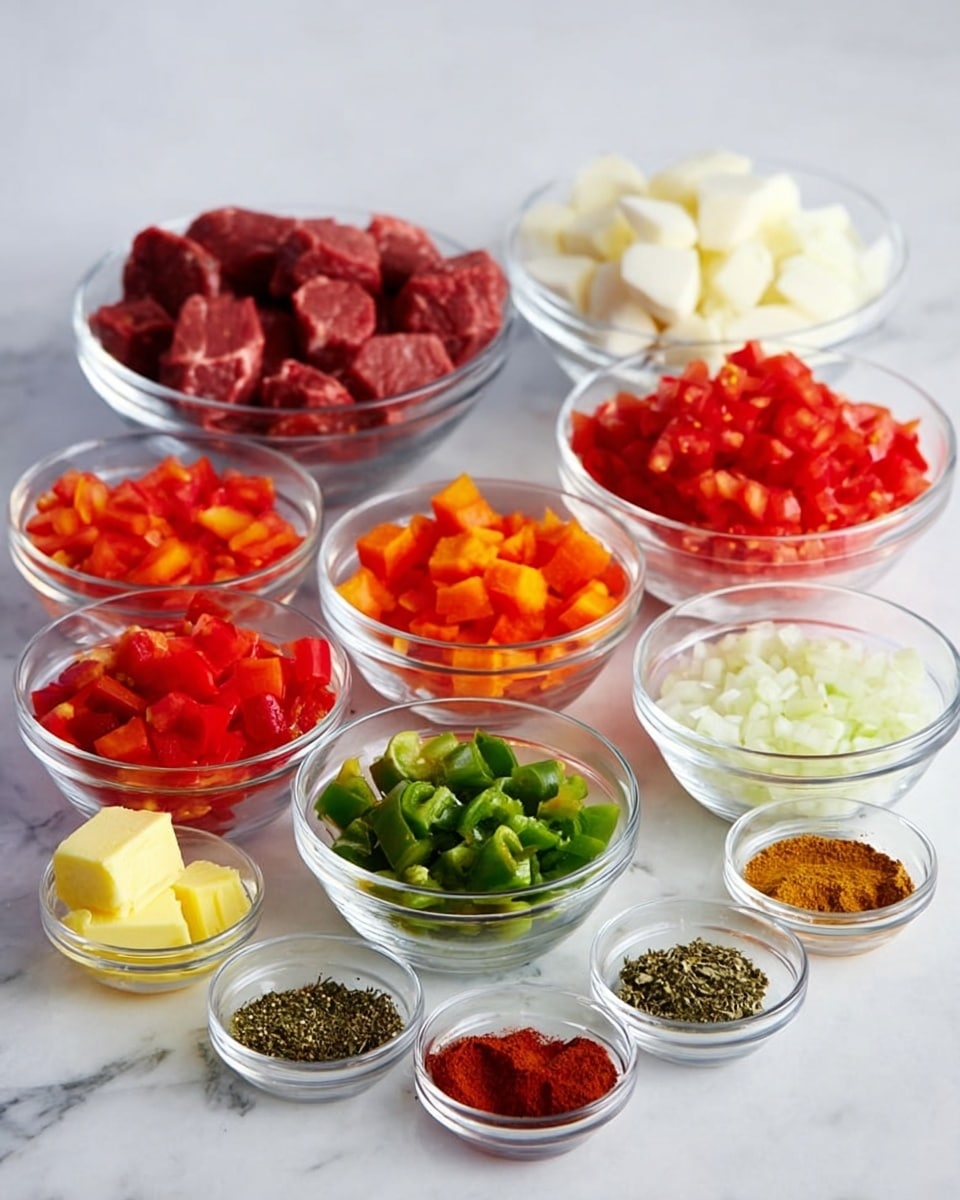 The image shows a white marbled surface with a neat arrangement of clear glass bowls filled with various cooking ingredients. In the back row, there are three bigger bowls containing dark red raw meat chunks in the center, off-white cubed pieces to the right, and diced red tomatoes to the left. Below them, five medium bowls hold bright red diced tomatoes, light orange diced carrots, more red diced tomatoes, green diced peppers, and chopped white onions from left to right. In front, the smallest bowls contain yellow butter, creamy minced garlic, light brown ground spice, dark red paprika, bright red chili powder, and dried green herb. All ingredients are well-organized, focused, and brightly lit. Photo taken with an iphone --ar 4:5 --v 7
