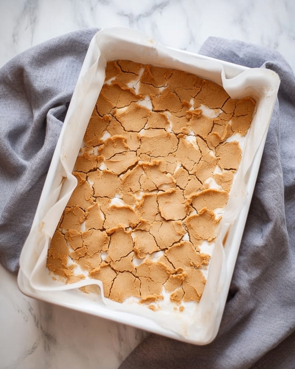 A white rectangular baking dish lined with parchment paper filled with uneven, broken pieces of light brown dough spread across the surface in a single layer. The dough pieces have a slightly rough texture with some cracks and vary slightly in shape and size. The dish is placed on a soft gray cloth, resting on a white marbled surface. photo taken with an iphone --ar 4:5 --v 7