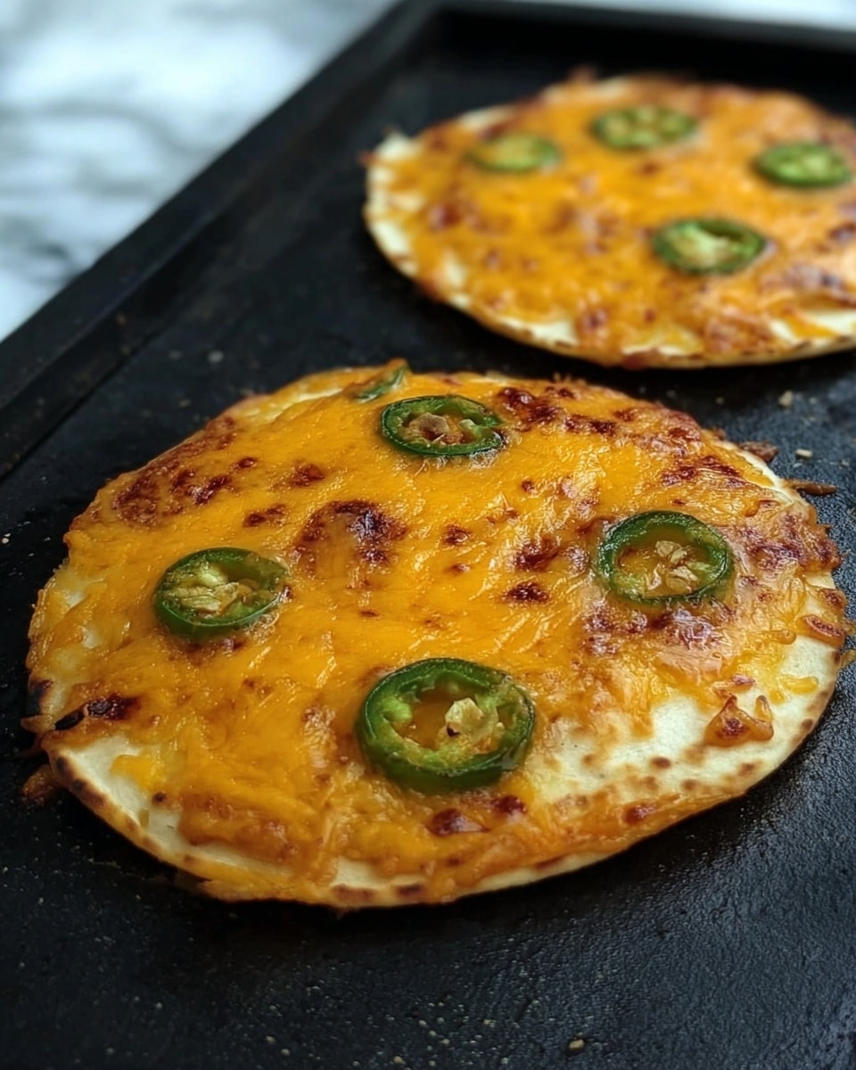 Two small round flatbreads are shown cooking on a hot black griddle. Each flatbread has an orange layer of melted cheese on top with several thin green jalapeno slices evenly spread over the cheese. The flatbreads have a light golden color underneath the cheese, with some crisp, browned edges. The background is a white marbled texture. photo taken with an iphone --ar 4:5 --v 7