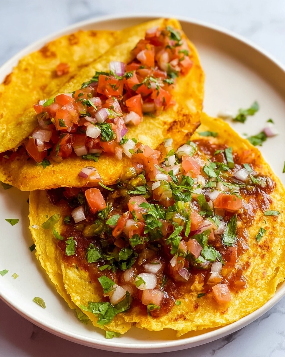 The image shows two yellow corn tortillas on a white plate with a white marbled background. One tortilla is folded in half, filled with fresh red tomato pieces, white chopped onions, green cilantro, and some melted cheese visible inside. The other tortilla lies flat with bright red sauce spread on top, topped with chopped tomatoes, onions, and cilantro scattered over it. Both tortillas have a slightly crispy, browned texture around the edges. Small bits of the toppings spill onto the plate, adding to the fresh and colorful presentation. Photo taken with an iphone --ar 4:5 --v 7