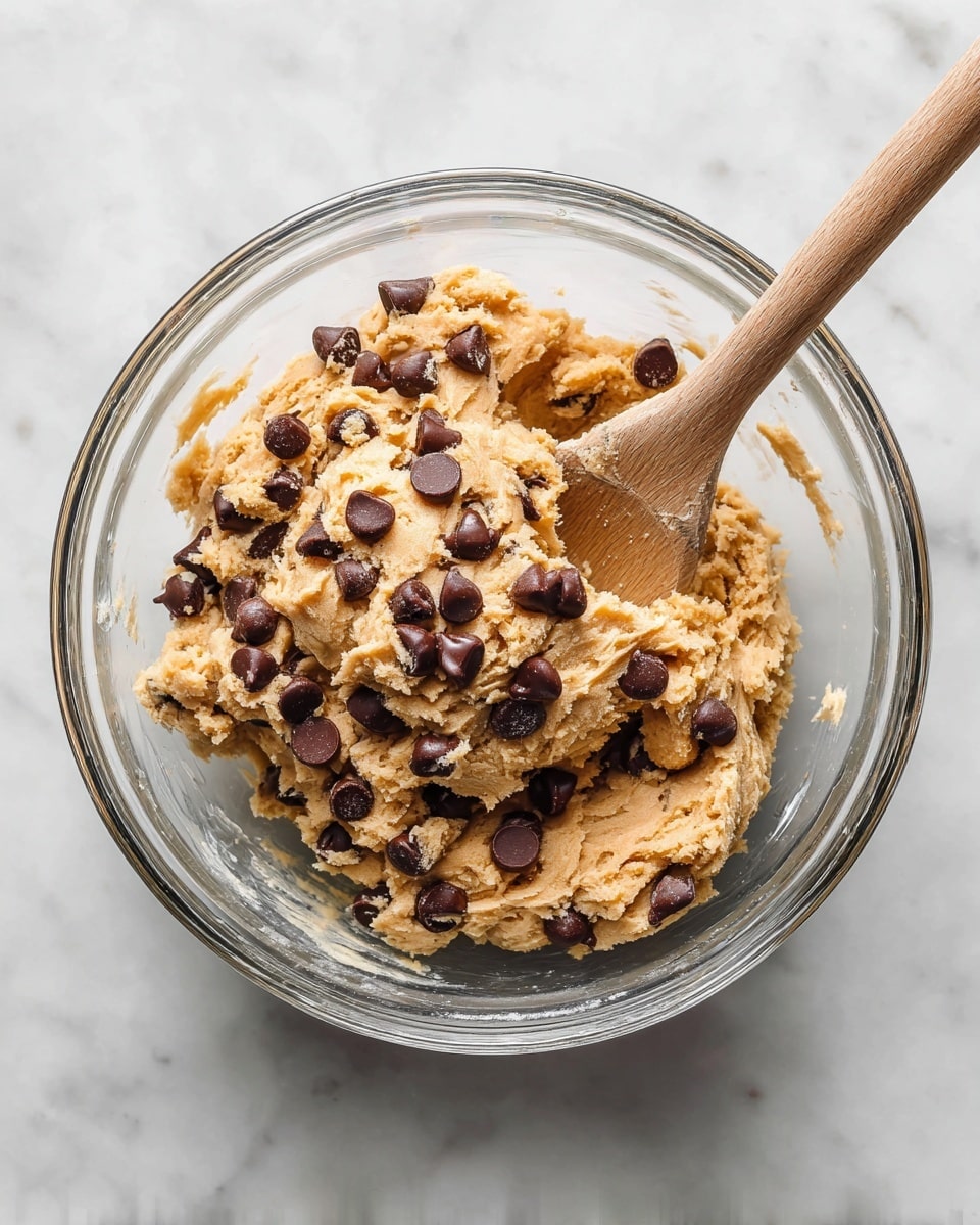 A clear glass bowl sits on a white marbled surface, filled with light brown cookie dough mixed with many small, dark chocolate chips scattered throughout. A wooden spoon with a light handle is resting inside the bowl, partially covered in the dough. The cookie dough looks thick and soft, with some chocolate chips sitting on top, adding texture and contrast. photo taken with an iphone --ar 4:5 --v 7