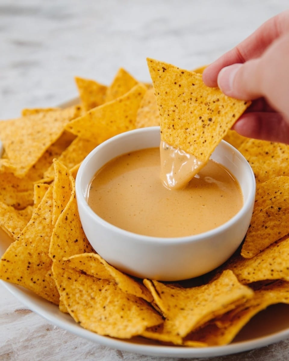 A close-up image shows a woman's hand dipping a yellow triangular corn chip into a small white bowl filled with creamy, light orange cheese sauce. The bowl is centered in a larger white bowl filled with many more yellow corn chips, all with small black specks. The background is a white marbled surface, softly blurred to focus on the dip and chips photo taken with an iphone --ar 4:5 --v 7