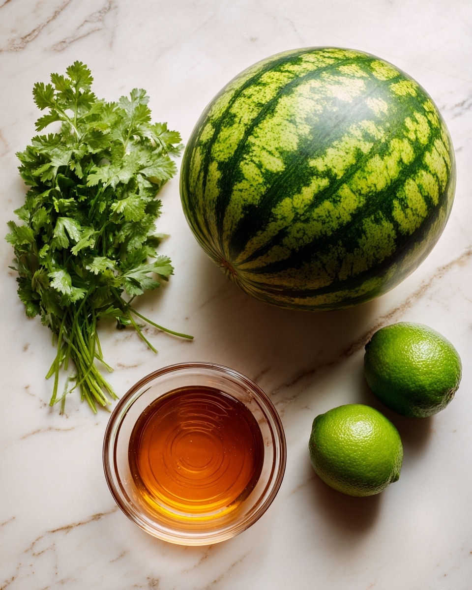 A large round watermelon with dark and light green stripes is placed on a white marbled surface. To the left of the watermelon lies a bunch of fresh green cilantro leaves with stems. Below the watermelon, there is a clear glass bowl filled with amber-colored honey, showing a smooth and shiny texture. Next to the bowl, two whole green limes with slightly bumpy skin rest side by side. The items are spaced out calmly on the white marbled background, creating a fresh and natural look. Photo taken with an iphone --ar 4:5 --v 7