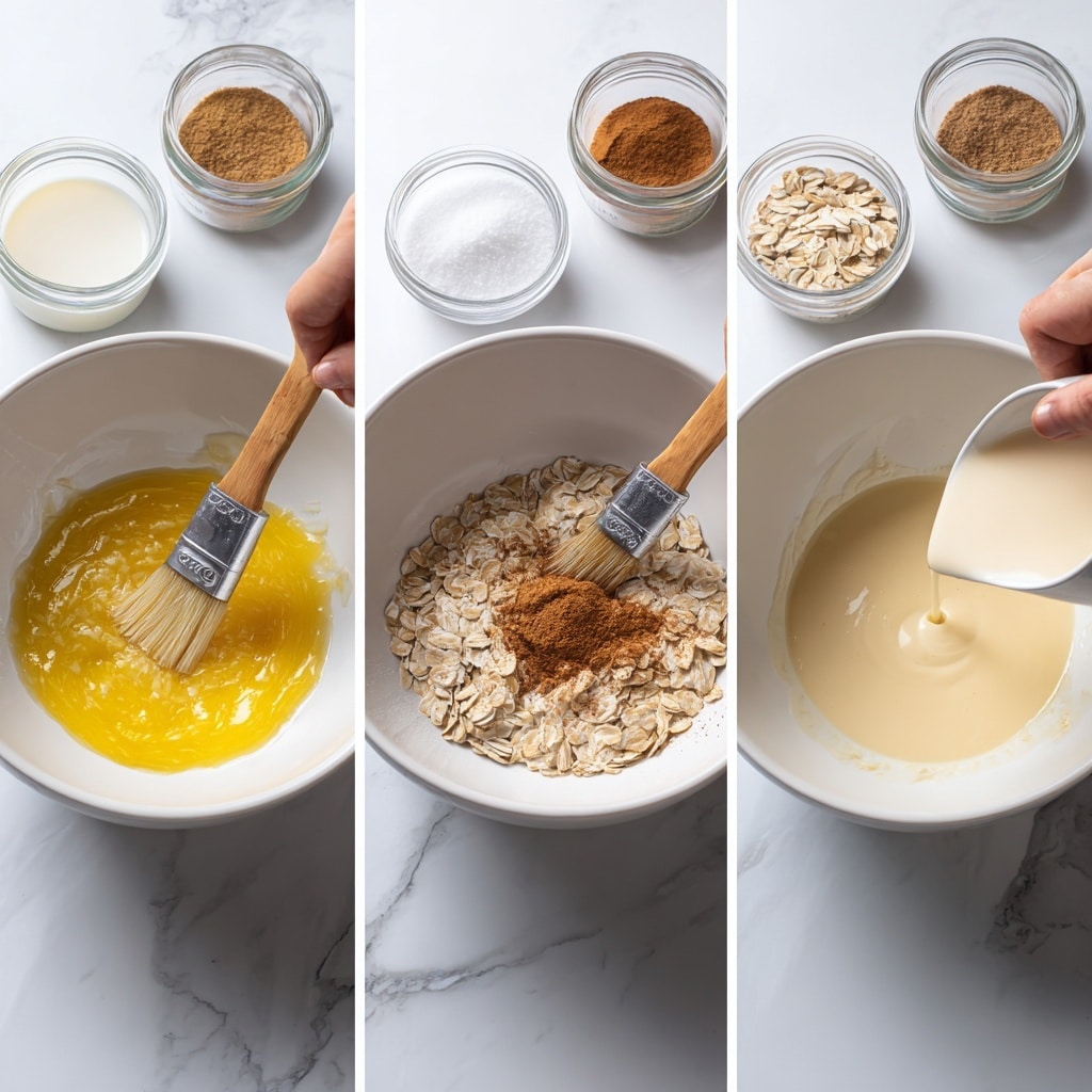 A set of three images showing the process of mixing ingredients in a white bowl on a white marbled surface. The first image shows a woman's hand using a brush to spread melted butter, which creates a shiny yellow layer inside the bowl. Next to the bowl are jars of milk and small bowls with oats, cinnamon, and white sugar. The second image shows the same white bowl with added dry ingredients: white sugar, oats, and a small pile of brown cinnamon on top of the butter layer. The third image shows a woman's hand pouring creamy milk into the bowl, covering the oats evenly, with a whisk resting nearby on the white marbled surface. Photo taken with an iphone --ar 4:5 --v 7