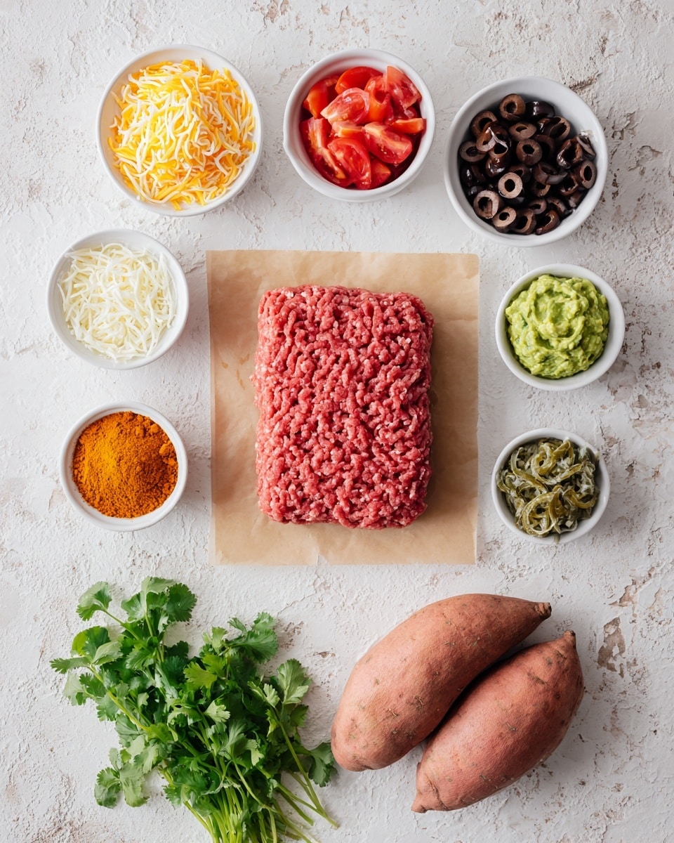 A flat lay image on a white marbled texture with seven ingredients arranged neatly. In the center, there is a rectangular block of raw ground meat placed on a piece of light brown parchment paper. Surrounding it are five small white bowls: shredded yellow and white cheese in the top left, chopped red tomatoes in the top middle, sliced black olives in the top right, a green guacamole spread in the middle left, and a mound of orange seasoning powder in the bottom left. Below these bowls and meat, three whole sweet potatoes are positioned on the right side, and a small bunch of fresh green cilantro rests on the bottom left. The colors contrast sharply against the clean white marble background, highlighting each ingredient distinctly. photo taken with an iphone --ar 4:5 --v 7