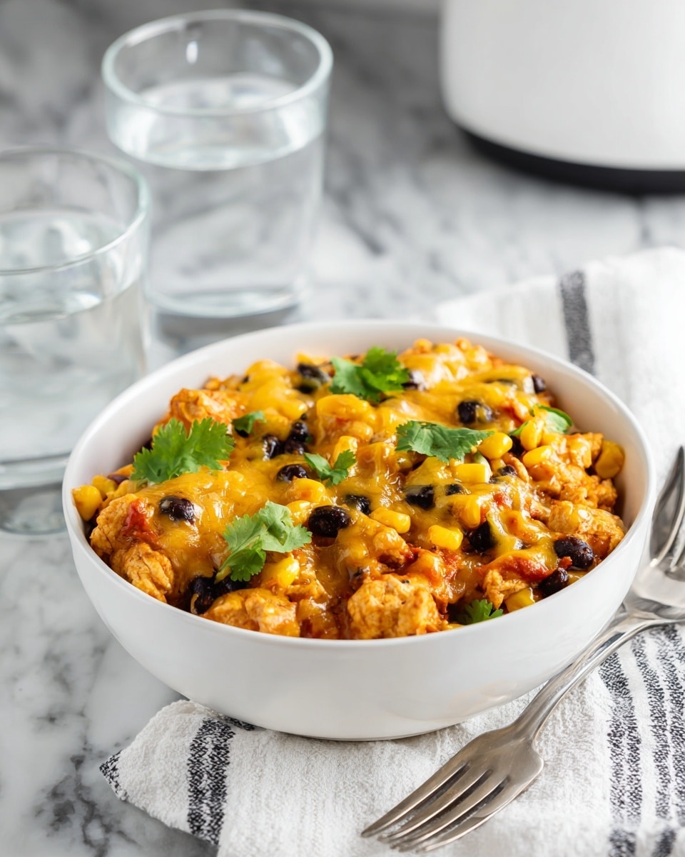 In a white bowl placed on a white marbled surface, there is a warm dish made of small chunks of chicken mixed with yellow corn, black beans, and bits of tomato. The dish is topped with melted yellow cheese drizzled unevenly, adding a glossy texture. Bright green sprigs of cilantro are scattered on top, giving a fresh look. A silver fork is resting on a white and gray striped cloth beside the bowl. In the background, there are clear glasses of water and part of a white kitchen appliance visible. Photo taken with an iphone --ar 4:5 --v 7