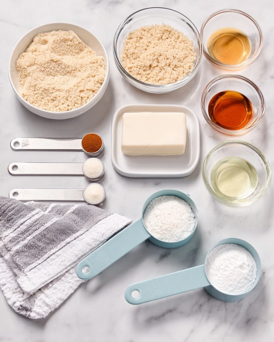 The image shows various baking ingredients neatly arranged on a white marbled surface. From left to right, there are four measuring spoons with light cream, light brown powder, white powder, and brown powder respectively. Above these spoons, a bowl filled with a crumbly light beige mixture and a rectangular white block on a small white plate are placed. To the right, there are three clear glass bowls holding a pale yellow liquid, a darker amber liquid, and an empty one. In front of these are two light blue measuring cups filled with white powder and a light cream liquid. A folded white and gray striped towel is laid across the back of the setup. Photo taken with an iphone --ar 4:5 --v 7