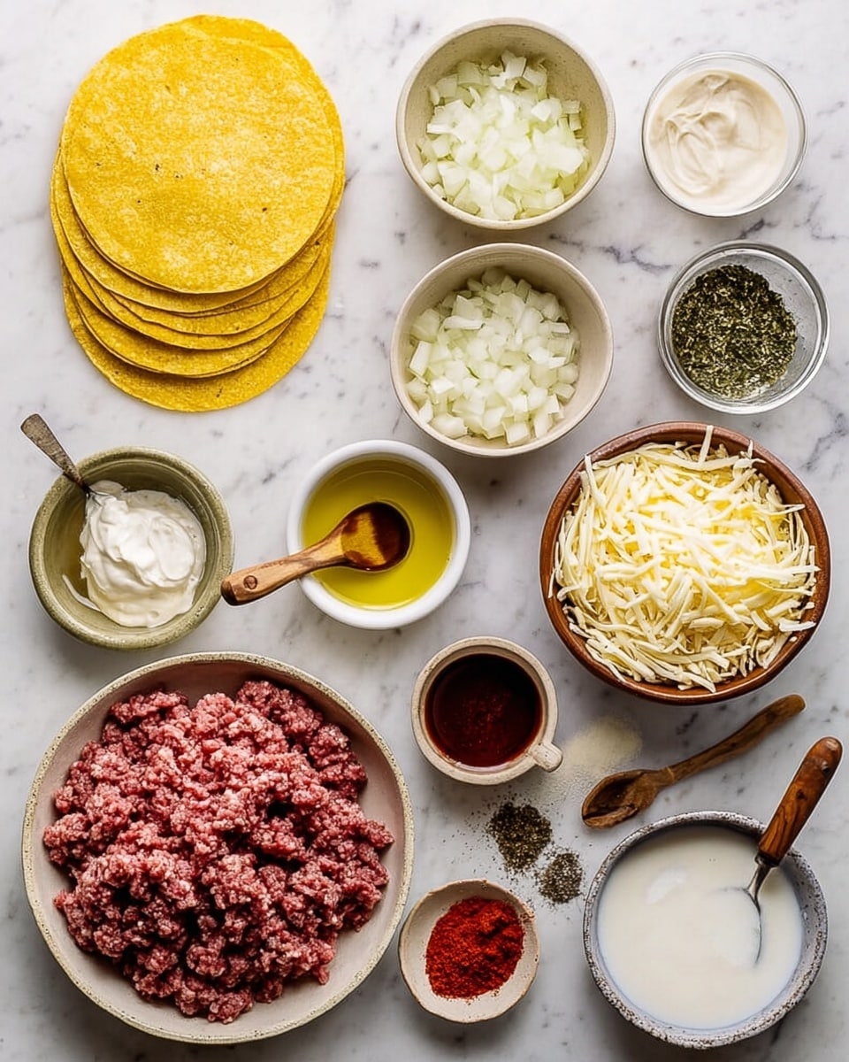 Various ingredients are arranged neatly on a white marbled surface. There are several yellow corn tortillas stacked on the left side. In the bottom center, a bowl holds raw ground meat with a coarse texture and pink-red color. Above it, a bowl contains chopped white onions with a spoon inside. On the right, a bowl is filled with shredded cheese in pale yellow shades. Around these are small bowls with different contents: a beige bowl holds creamy white sauce, another has olive oil in a light golden color, and another features bright red powder with a small wooden spoon. There is also a bowl with dark red sauce, a small white bowl with a milky liquid, and another bowl with a mix of herbs that are green and fine. At the top right, a bowl contains thick white cream, and nearby, a dish holds salt and black pepper mixed together. The overall arrangement shows ingredients ready for cooking, captured clearly and brightly. photo taken with an iphone --ar 4:5 --v 7