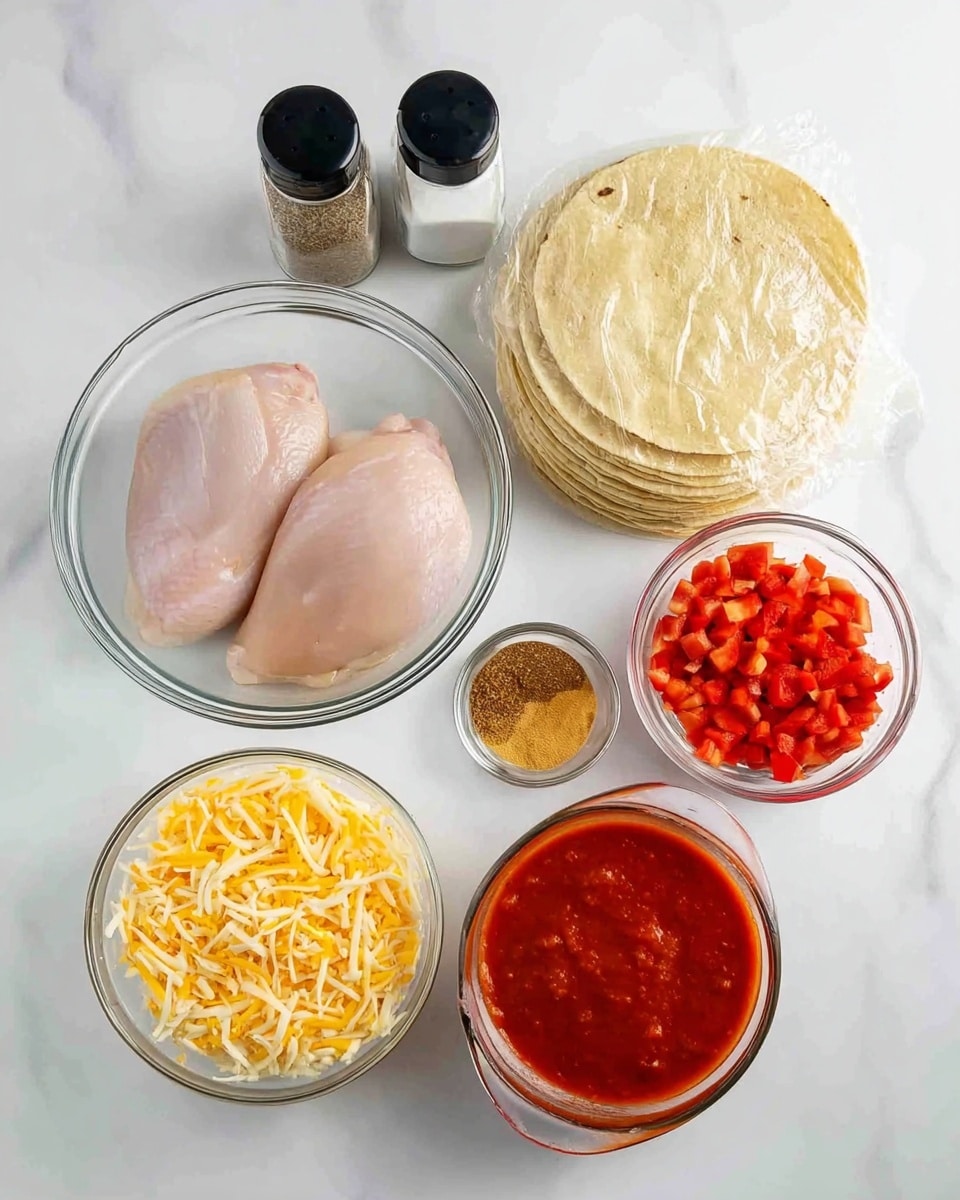 The image shows a collection of ingredients for a recipe, all placed on a white marbled surface. At the center is a clear glass bowl with two raw chicken pieces, pale pink and smooth. Above it is a stack of round, light yellow corn tortillas wrapped in plastic. To the right is a clear glass measuring cup filled with small red diced peppers. Below that is a small glass bowl with a golden brown spice powder. To the left of the chicken bowl is a clear glass bowl filled with shredded yellow and white cheese. Above that are two black-topped spice jars, one with salt and the other with pepper. Below the cheese is another glass measuring cup filled with thick, red tomato sauce. photo taken with an iphone --ar 4:5 --v 7