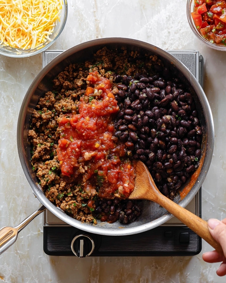A silver pan filled with a mixture of three layers: the first layer is dark black beans, the second layer is light brown ground meat with green herbs mixed in, and the third layer is bright red tomato sauce spread unevenly on top; a wooden spoon rests inside the pan with a woman's hand holding it, stirring the mixture; the pan is placed on a small silver electric heating plate with a black knob; in the background, there is a clear glass bowl with white and yellow shredded cheese and a small glass container with red salsa; the surface under everything is white marbled texture photo taken with an iphone --ar 4:5 --v 7