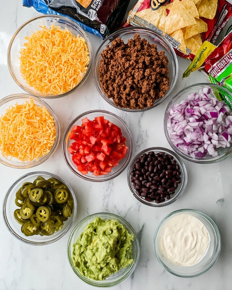 A close-up view of a white plate filled with layered nachos showing several tortilla chips topped with melted orange cheddar cheese, black beans, small pieces of ground beef, green jalapeno slices, chopped fresh tomatoes, and green onion pieces. There are also dollops of white sour cream and a thick green guacamole spread drizzled over the chips. A woman's hand is holding a single nacho chip loaded with toppings above the plate. The background features a person wearing blue jeans and a white marbled surface beneath the plate. Photo taken with an iphone --ar 4:5 --v 7