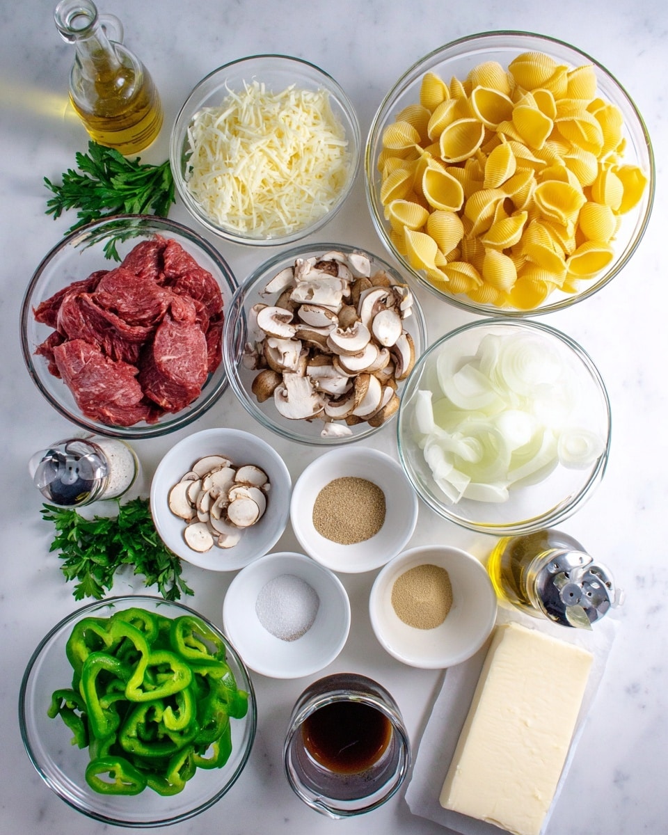 The image shows many clear glass bowls and white small dishes arranged neatly on a white marbled surface. On the top right, a large bowl holds yellow pasta shells with a smooth texture. Below it, another large bowl contains pale white sliced onions, next to a bowl with grated white cheese. There is a bowl filled with dark red raw sliced meat, positioned near fresh green parsley at the bottom left. Sliced mushrooms and sliced green bell peppers are each in their own bowls on the left side. In the middle is a small glass measuring cup filled with dark brown liquid. Nearby are small white dishes with light brown and white powders. There are jars of seasoning—salt and pepper—next to a tall bottle of golden olive oil, with a metal spout on top. A wrapped block of cream cheese sits beside the meat bowl. The arrangement is bright and clean, with ingredients ready for cooking. Photo taken with an iphone --ar 4:5 --v 7