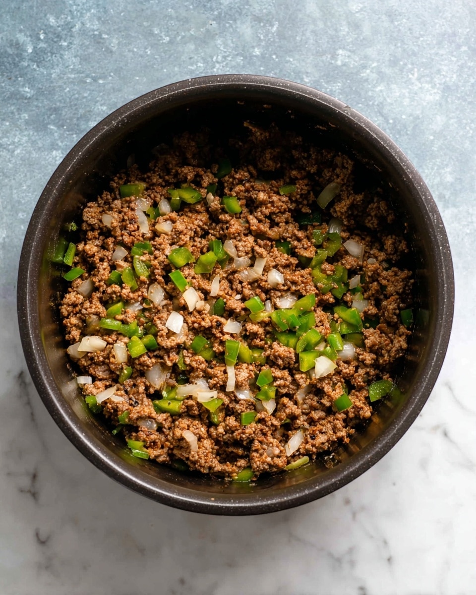 Inside a dark cooking pot, there is one mixed layer of crumbled cooked meat with small pieces of white onions and green bell peppers scattered evenly throughout. The textures show the meat as crumbly and moist, the onions slightly translucent, and the bell peppers fresh and bright. The pot is placed on a white marbled surface, adding a clean and simple background. photo taken with an iphone --ar 4:5 --v 7