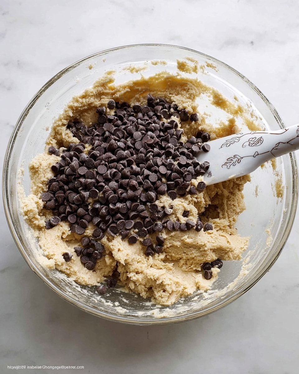 A clear glass bowl sits on a white marbled surface filled with a creamy beige cookie dough mixture. On top of the dough is a thick layer of dark chocolate chips, almost covering the dough completely. A white spatula with small designs is partially submerged in the mixture on the right side of the bowl. The bowl edges have some dough stuck to them, showing the texture as slightly grainy and soft. Photo taken with an iphone --ar 4:5 --v 7