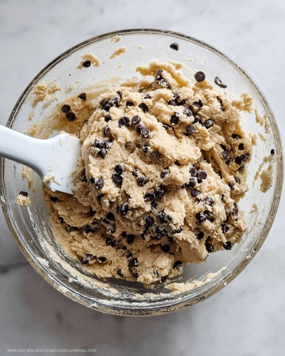 A clear glass bowl filled with thick, light beige cookie dough mixed with many small, dark chocolate chips. The dough clings to the sides of the bowl and looks rough and slightly grainy. A white spatula with some dough stuck to it rests inside the bowl on the left side. The bowl is placed on a white marbled surface. Photo taken with an iphone --ar 4:5 --v 7
