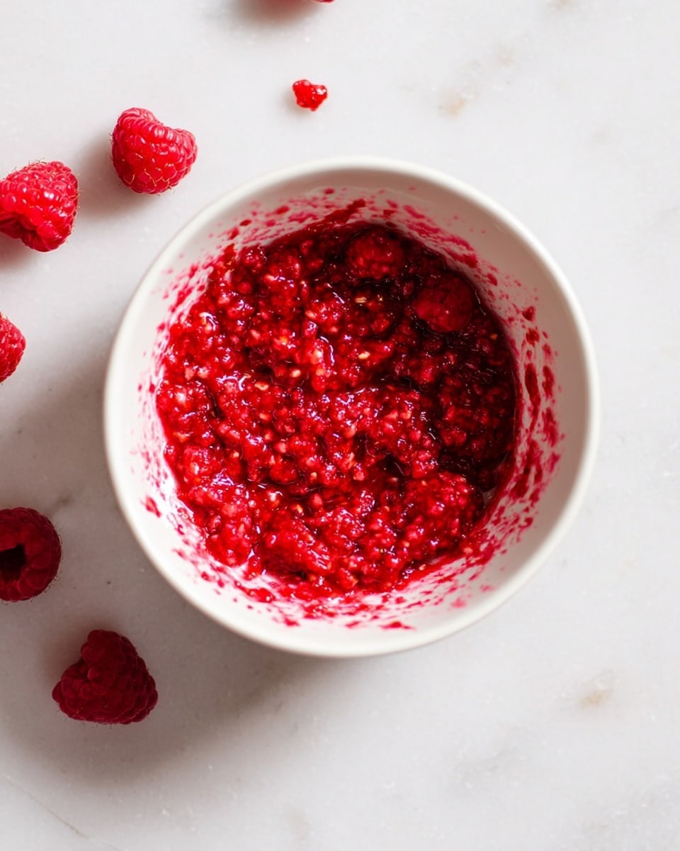 A white bowl sits on a white marbled surface, filled with bright red crushed raspberries. The raspberries have a wet, pulpy texture with some small seeds visible, giving the mixture a slightly chunky look. Around the bowl, whole raspberries are scattered on the surface, adding a fresh and natural touch. The inside of the bowl has some red smudges from the crushed raspberries, showing the process of mixing. The lighting highlights the shiny and soft texture of the raspberry mix, making it look fresh and juicy photo taken with an iphone --ar 4:5 --v 7