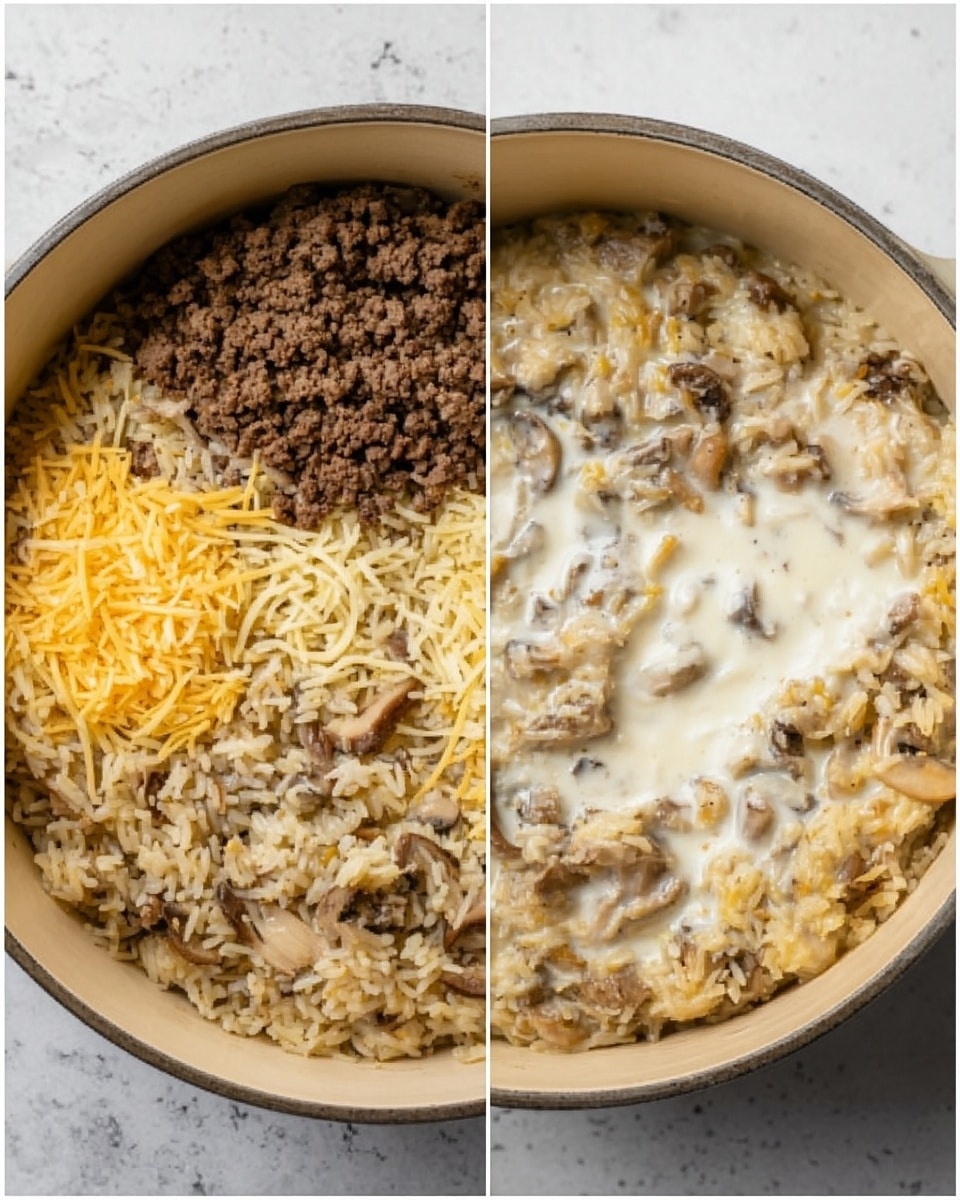 The image shows two views of a large beige pot with a mixed rice dish. On the left, the ingredients are separate layers: cooked ground beef is dark brown, located at the top center; shredded yellow cheese is on the left; cooked rice mixed with mushrooms is light brown with some beige mushroom pieces, filling the bottom half; and a creamy white sauce is on the right side of the pot. On the right side of the image, the same pot holds the fully mixed dish, which looks creamy and light beige with bits of brown from the beef and mushrooms. The pot rests on a white marbled surface. Photo taken with an iphone --ar 4:5 --v 7