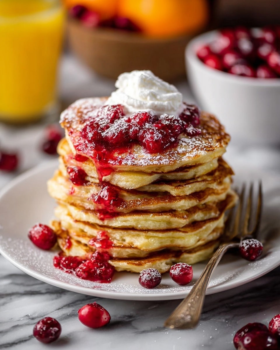 A tall stack of seven thick pancakes with a golden brown color and a slightly uneven texture sits on a white plate. Bright red berry sauce drips over the top three pancakes, with whole red berries visible in the sauce. A dollop of white whipped cream rests on the top pancake, slightly off center. Powdered sugar is lightly dusted over the top and around the pancakes on the plate. A silver fork lies on the plate to the right side, with some whole red berries scattered around the base of the plate. In the blurred background, there is a glass of orange juice with a half orange behind it, and a white bowl filled with more red berries. The scene is set on a white marbled surface. photo taken with an iphone --ar 4:5 --v 7