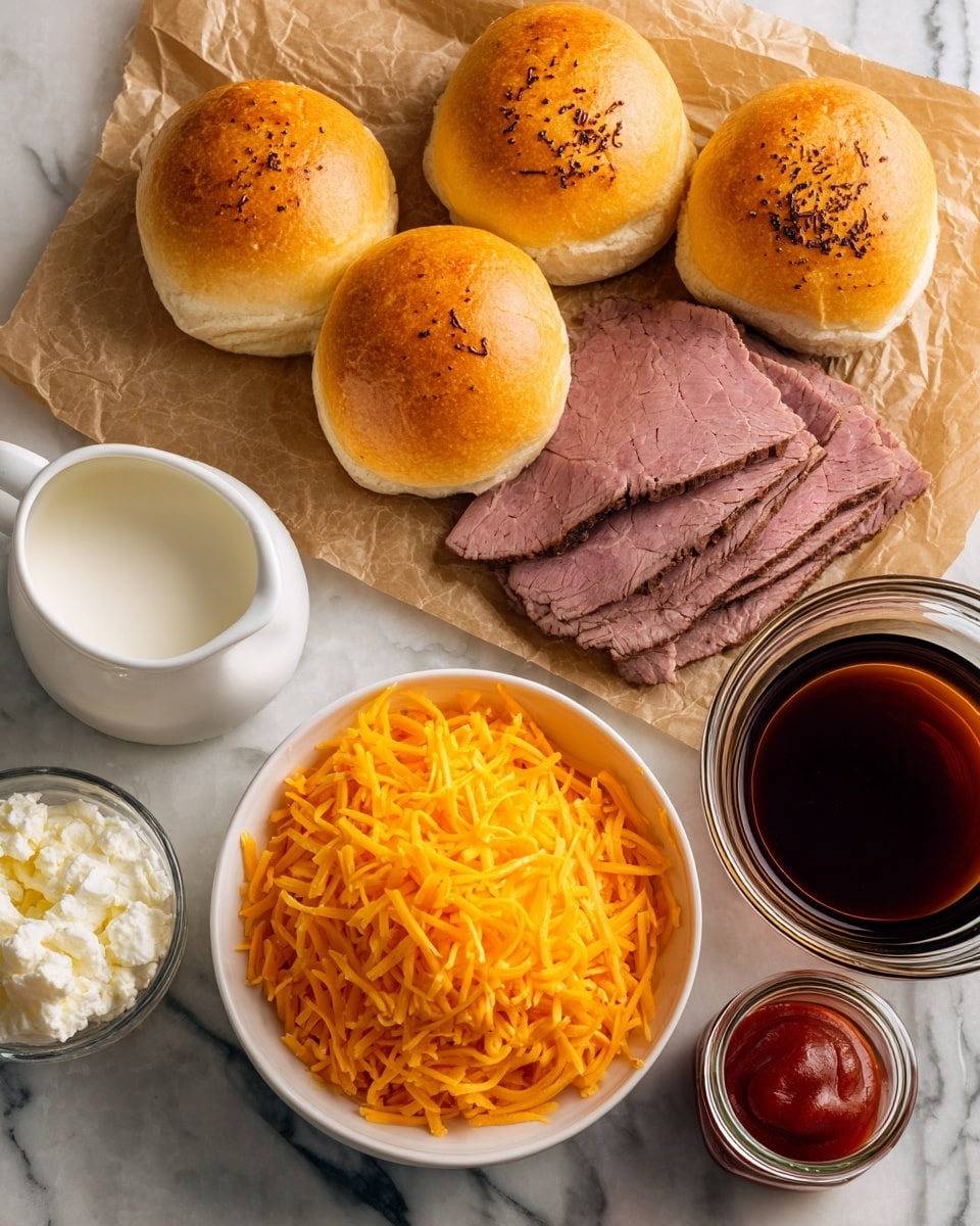 The image shows deli roast beef slices placed on brown parchment paper, next to a cluster of five onion Kaiser rolls with a golden brown color and black onion flakes on top. Below them, a white bowl is filled with a large pile of shredded bright orange cheddar cheese. To the left, a small white pitcher contains heavy cream with a smooth texture. Next to it, a clear glass measuring cup holds dark brown beef broth, and in front is a small glass jar filled with reddish Arby's sauce. All items are arranged on a white marbled surface, photo taken with an iphone --ar 4:5 --v 7