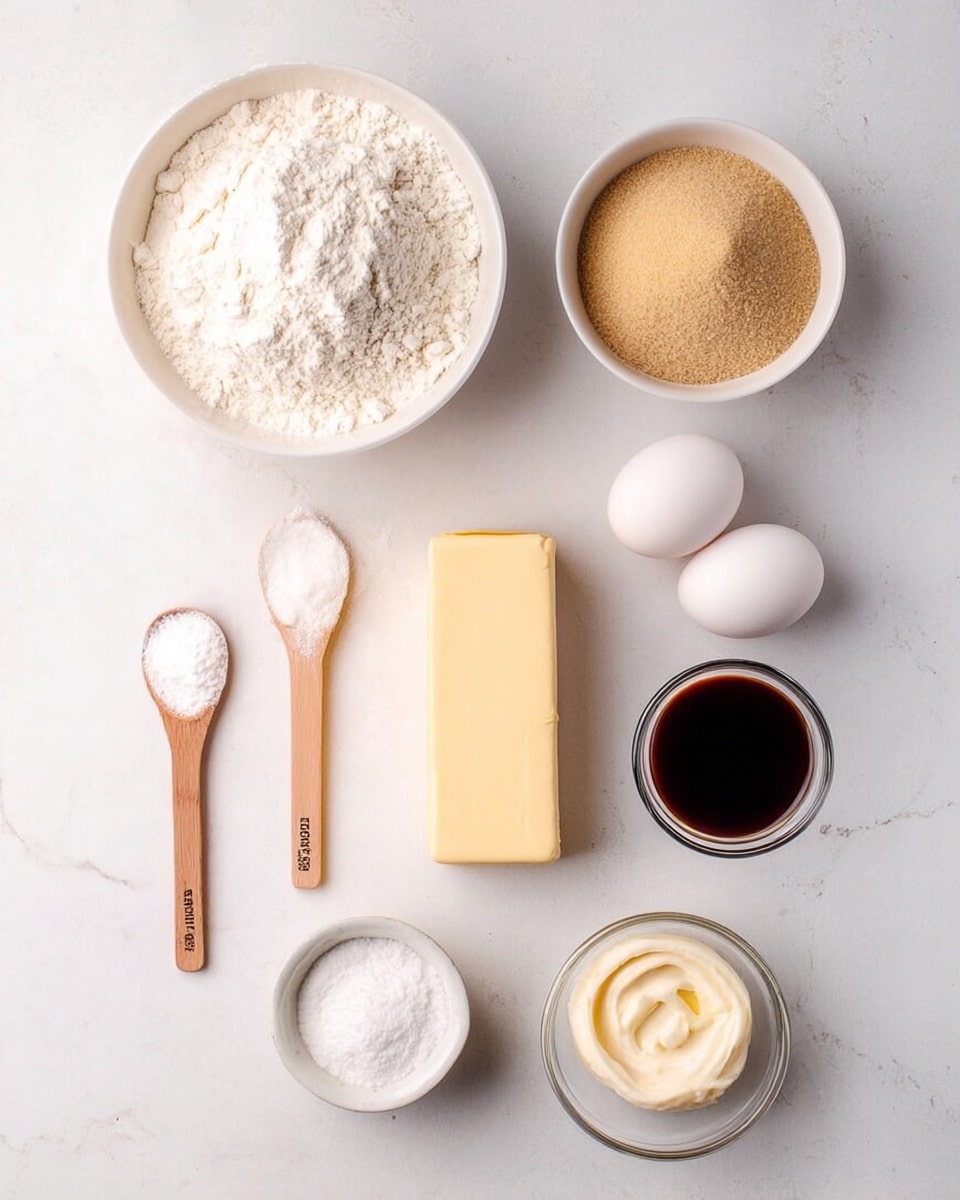 The image shows a flat lay of baking ingredients neatly arranged on a white marbled surface. At the top left is a white bowl filled with white flour, slightly heaped. To the right is another white bowl filled with light brown sugar. Below these bowls are two white eggs placed side by side. Below the eggs, a stick of unsalted butter wrapped in yellow paper is horizontally placed. To the left of the butter, two small wooden spoons hold white powders, one slightly dusted on top. Below the spoons is a small white bowl containing a light creamy substance with a thick texture. To the right of this bowl, a small clear glass bowl holds dark brown vanilla extract. The whole setting is bright with soft, natural light. photo taken with an iphone --ar 4:5 --v 7
