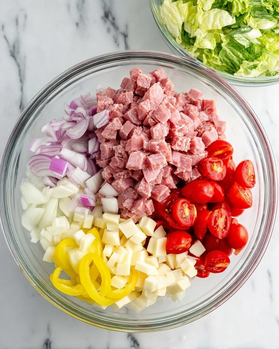 The image shows a clear glass bowl on a white marbled surface filled with five different layers of chopped ingredients. At the top center, there is a layer of pink, finely chopped cured meat. To the right, bright red cherry tomatoes are sliced in halves. Below the tomatoes, there is a layer of light yellow sliced pepper rings. On the left side, thinly sliced pale purple onions rest against the other ingredients. In the middle, there are small cubes of pale yellow cheese. In the background, there is another clear glass bowl filled with light green chopped lettuce. photo taken with an iphone --ar 4:5 --v 7