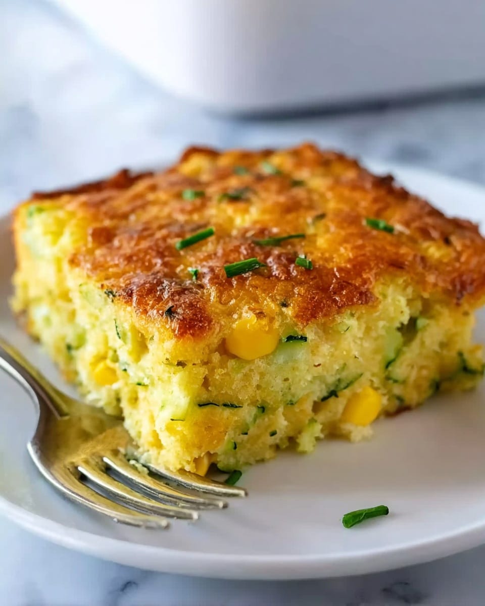A large square piece of casserole with a golden-brown top layer that looks slightly crispy, sprinkled with small green herb pieces. The inside has a fluffy texture with visible bits of yellow corn and small green zucchini pieces mixed in. The casserole rests on a white plate with a silver fork placed near the front edge. The background shows a white marbled surface. photo taken with an iphone --ar 4:5 --v 7