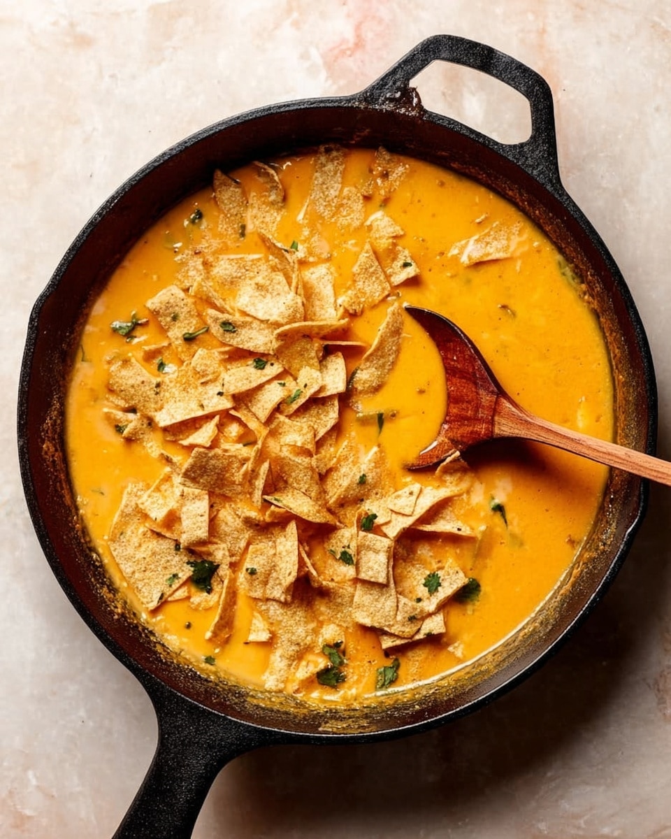 A black cast iron skillet filled with bright orange creamy soup with a smooth texture, topped with light beige crispy tortilla strips scattered unevenly around the edges. Small green herbs are sprinkled among the tortilla strips, adding color contrast. A wooden spoon rests inside the skillet, partially submerged in the soup. The skillet is placed on a white marbled surface. photo taken with an iphone --ar 4:5 --v 7