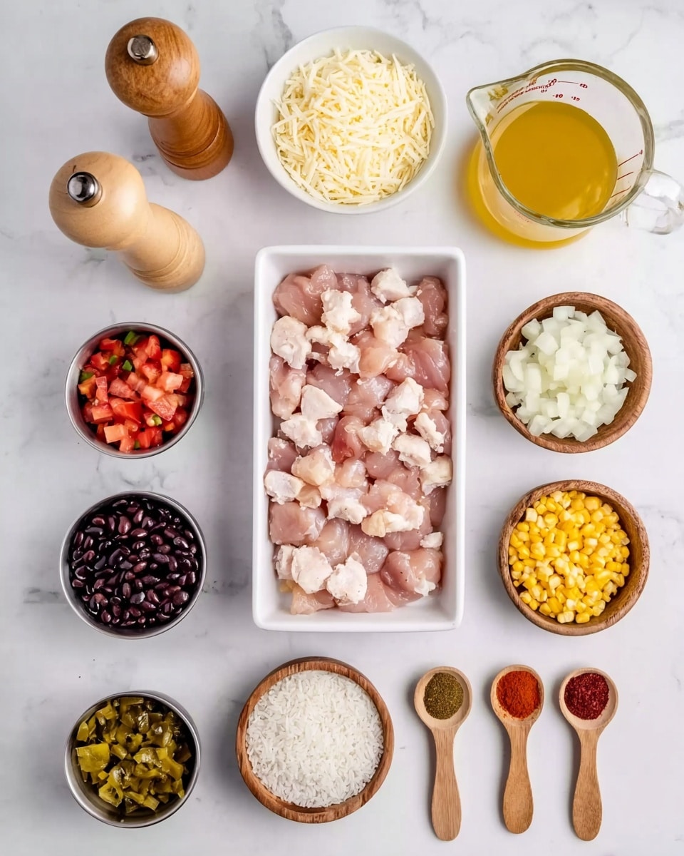 The image shows a white rectangular dish filled with small raw chicken pieces placed in the center on a white marbled surface. Around it, there are several small white bowls and wooden bowls arranged neatly. Starting from the top left, there is a wooden pepper grinder and a wooden salt shaker, followed by a wooden bowl with shredded white cheese. Next to it on the right is a glass measuring jug with yellow broth. Below the pepper grinder, a white bowl filled with black beans and next to it, a white bowl with yellow corn kernels. On the right side of the chicken dish, there are white bowls containing chopped white onion and a small bowl of light yellow olive oil. Below the chicken on the left, two small metal cups hold diced tomatoes with green peppers. At the bottom center, a wooden bowl contains white rice. Three small wooden spoons on the right hold different spices: a green powder, a dark red powder, and a bright red powder from top to bottom. The whole setup is clean and organized on the white marbled surface. Photo taken with an iphone --ar 4:5 --v 7