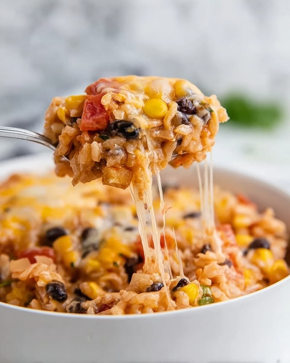 A close-up image showing a large spoon lifting a serving of a cheesy rice dish from a white bowl. The dish has visible layers including golden yellow corn, shiny black beans, small diced red tomatoes, and melted light orange cheese that stretches in strings from the spoon to the bowl. The rice looks soft and mixed with the other ingredients. The background has a soft focus with a white marbled texture surface. photo taken with an iphone --ar 4:5 --v 7