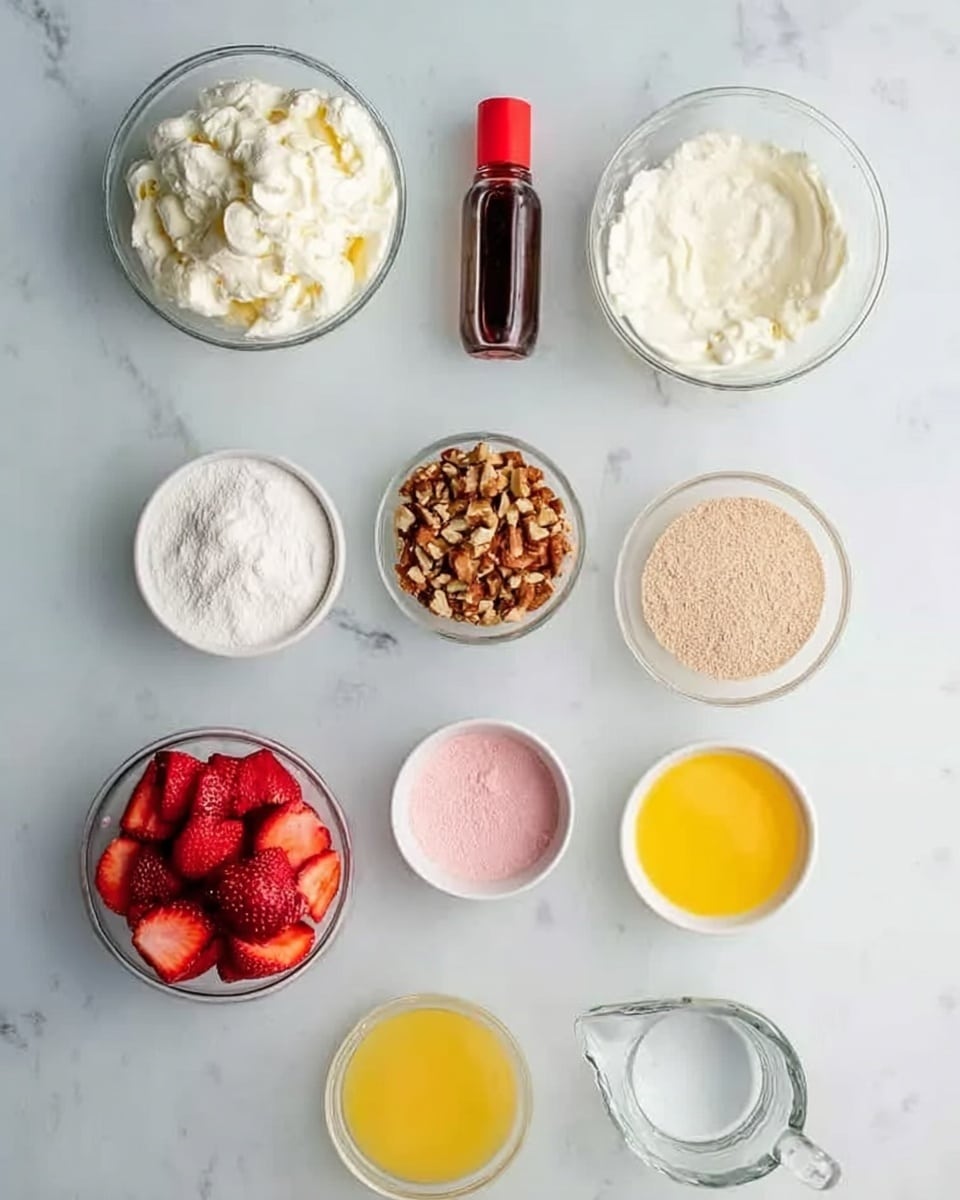 The image shows ten small bowls arranged on a white marbled surface. At the top center, there are two bowls with creamy white mixtures; the left one looks whipped and fluffy, and the right one is smooth and thick. In the middle row, from left to right, there is a small bottle with dark liquid and a bright red cap, a bowl full of chopped nuts in light brown shades, and a bowl with fine white powder. Below that, there is a pale brown powder in a bowl, a bowl filled with sliced red strawberries, and another small white bowl containing a pink powder. At the bottom, slightly right, there is a bowl with bright yellow liquid or sauce, and to the right, a small clear glass pitcher with clear liquid. Photo taken with an iphone --ar 4:5 --v 7