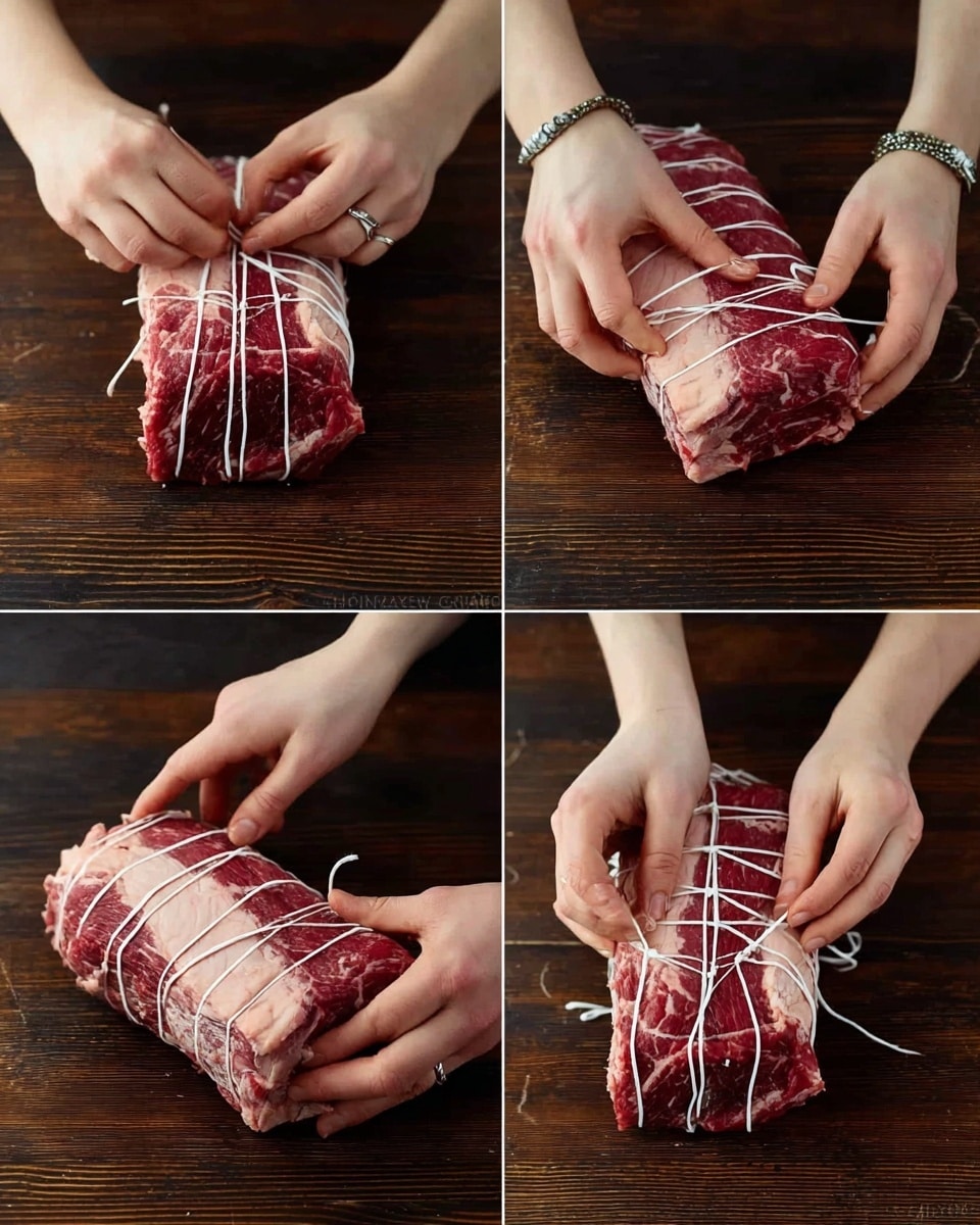 The image shows a sequence of four photos of a woman's hands tying a large piece of marbled raw beef with white kitchen string on a dark wood surface. In the first photo, the woman's hands are wrapping the string around the beef horizontally near the top. In the second, her fingers are looping the string around more tightly. The third photo captures the string being pulled firmly around the middle of the beef. In the last photo, the woman’s two hands are finishing tying the string tightly around the beef in several places, securing the meat into a compact shape. The light skin tone of the woman's hands contrasts with the deep red meat and white string. Photo taken with an iphone --ar 4:5 --v 7