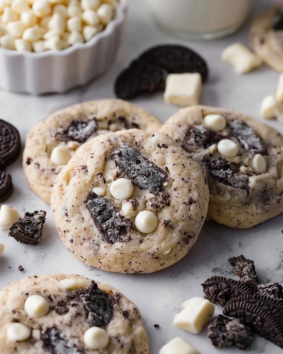 A group of soft cookies is shown on a white marbled surface, each cookie containing chunks of dark chocolate cookie pieces and white chocolate chips that are scattered unevenly across the top. The cookies have a light beige base with darker specks mixed throughout, giving a speckled texture. Broken and whole dark chocolate sandwich cookies are casually placed around the baked cookies. In the background, there is a white pie dish filled with white chocolate chips and a white cup, adding a simple and clean look to the scene. photo taken with an iphone --ar 4:5 --v 7