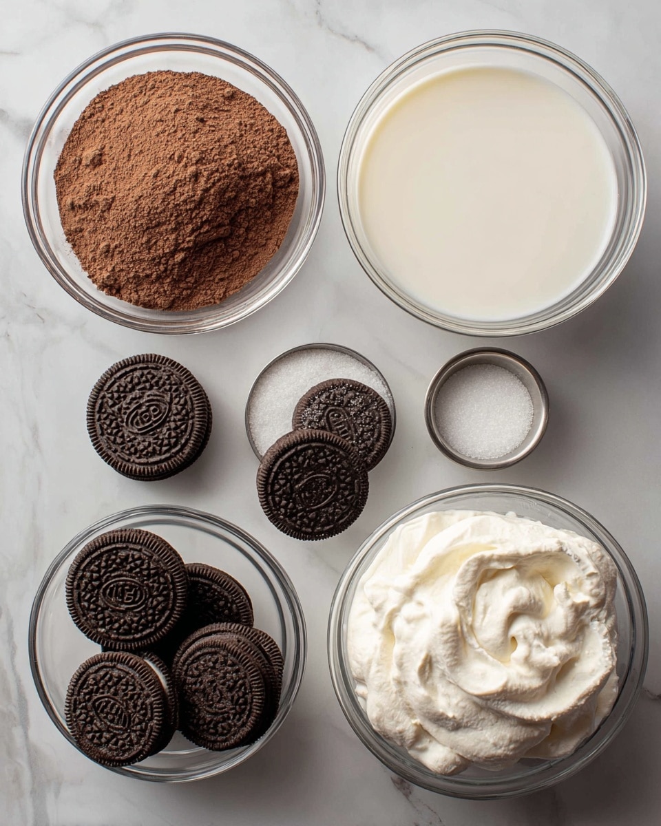 A top-down view of six ingredients arranged neatly on a white marbled surface: a glass bowl of brown cocoa powder to the left, a glass bowl of white milk at the top center, a small metal bowl of granulated white sugar at the top right, a glass bowl filled with whipped cream at the bottom right, a glass bowl holding five black sandwich cookies to the bottom left, and three more black sandwich cookies placed side by side between the bowls. The textures vary from powdery cocoa, smooth milk, granular sugar, fluffy whipped cream, to firm cookies. photo taken with an iphone --ar 4:5 --v 7