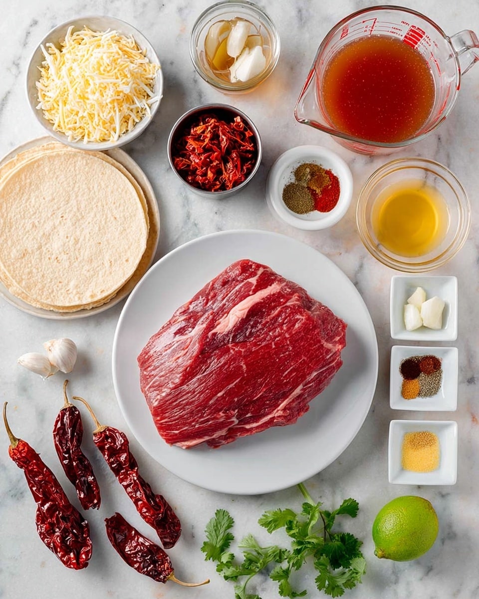 A white plate holds a large raw red piece of meat with light marbling near the edges and a bit of white fat. Around the plate are several bowls and containers with different ingredients: a bowl of shredded pale yellow and white cheese, a small bowl of bright red dried chiles, a metal can open showing small red peppers inside, and two whole dried red chiles with wrinkled dark red skin. There is a clear measuring cup filled with reddish-brown liquid, a small bowl of chopped white onions, and a rectangular white dish containing various spices like dark brown, greenish, and bright red powders with three garlic cloves and a bay leaf. A small white bowl has a yellow liquid, another small white bowl has salt and pepper, a fresh green lime, a light brown round stack of tortillas, a few green cilantro leaves, and a small glass bowl filled with a light golden liquid. The background surface is a white marbled texture. Photo taken with an iphone --ar 4:5 --v 7