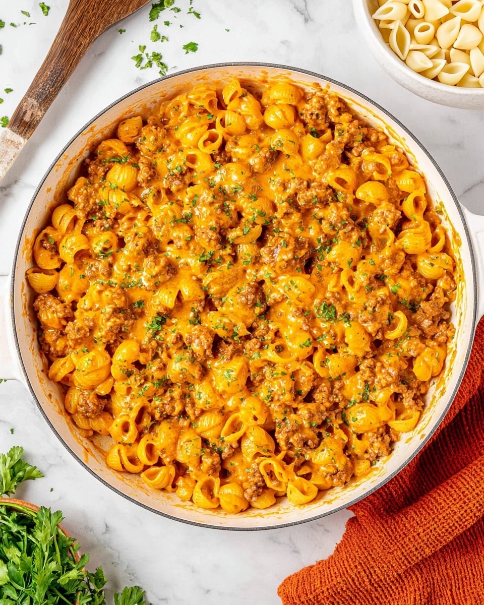 A large white pan filled with a creamy pasta dish made of small pasta shells covered in an orange cheese sauce mixed with bits of browned meat. The pasta and meat are spread evenly, with small green herb pieces scattered on top for color. Around the pan, there are fresh green herbs on the white marbled surface, a white bowl with uncooked pasta shells, and an orange textured cloth in the background. A metal spoon with a wooden handle rests near the pan. Photo taken with an iphone --ar 4:5 --v 7