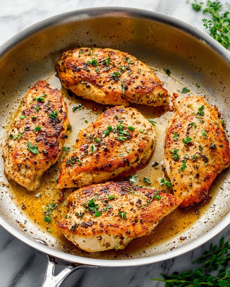 A silver pan sits on a white marbled surface, holding four pieces of cooked chicken, each light golden brown with darker seared spots and small black pepper flakes. The chicken has a slightly glossy texture from the cooking oils and juices pooling lightly around them. Small green herb leaves are scattered on top, adding a fresh look. The pan's inside rim shows slight browning from cooking, and a stainless steel handle is visible. Some green herbs are in the background out of focus. photo taken with an iphone --ar 4:5 --v 7