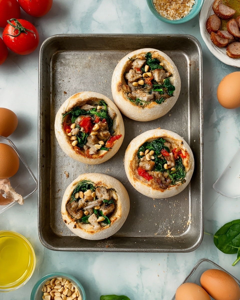 Four hollowed round white bread rolls sit on a metal baking tray. Each roll is filled with a mix of vibrant green spinach leaves, light brown sausage slices, small pine nuts, and chunks of bright red tomato. Surrounding the tray are whole eggs, fresh red tomatoes on the vine, small bowls with chopped cooked bacon, pine nuts, olive oil, and sliced sausages, all placed on a white marbled surface. photo taken with an iphone --ar 4:5 --v 7