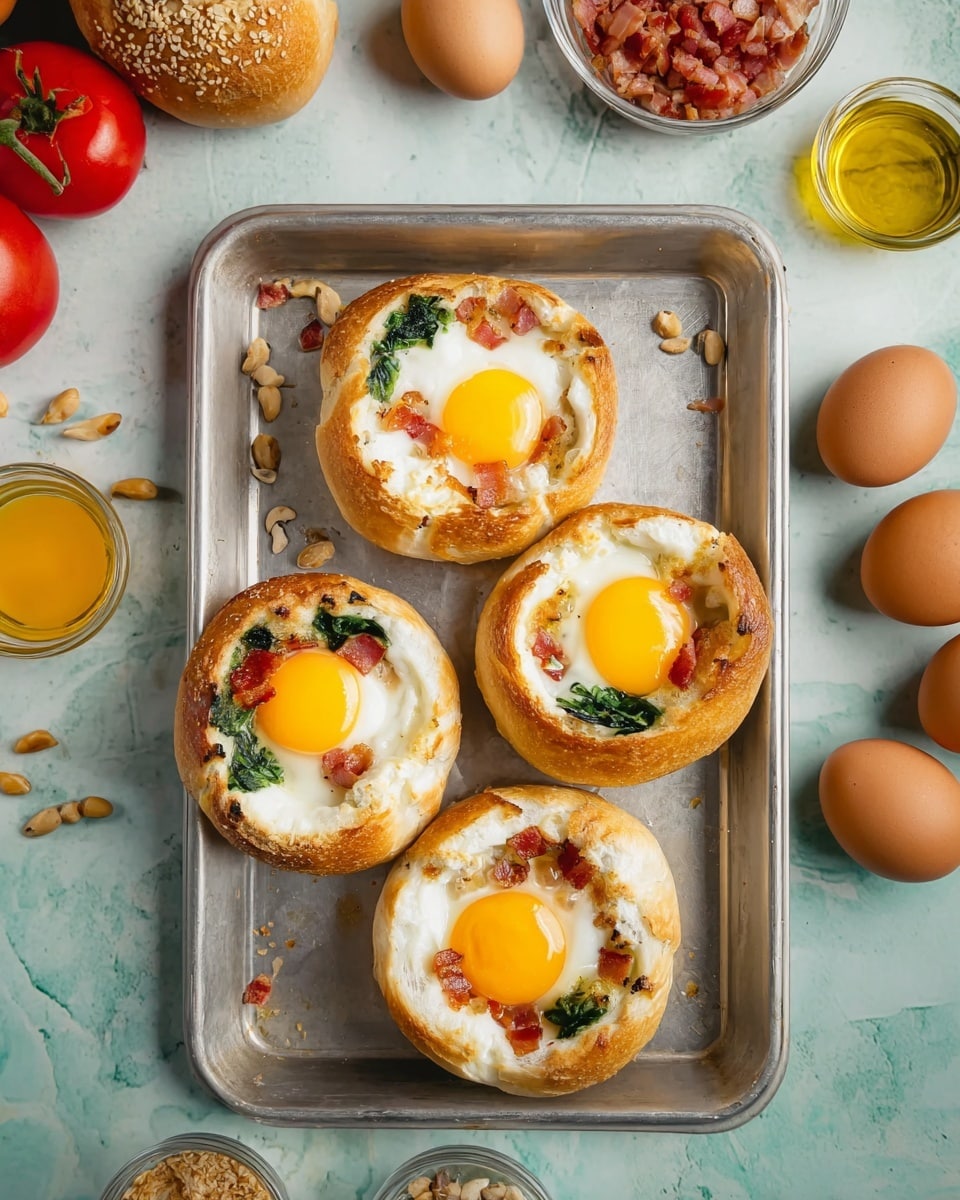 The image shows a metal baking tray holding four round bread pieces with hollow centers filled with cooked eggs. Each bread has a golden brown crust and soft white inside, creating one layer. The egg whites are fully cooked and form the second layer, with smooth white texture. On top of each egg white, there is a bright yellow cooked yolk, creating the third layer. Small bits of green spinach and reddish bacon pieces are scattered around the yolks inside the bread, adding colorful spots to the dish. The tray is placed on a white marbled surface, surrounded by whole brown eggs, round bread rolls, clear glass bowls filled with chopped bacon, whole tomatoes on vine, pine nuts, and olive oil. The overall look is warm and fresh, showing a simple baked egg bread dish. photo taken with an iphone --ar 4:5 --v 7