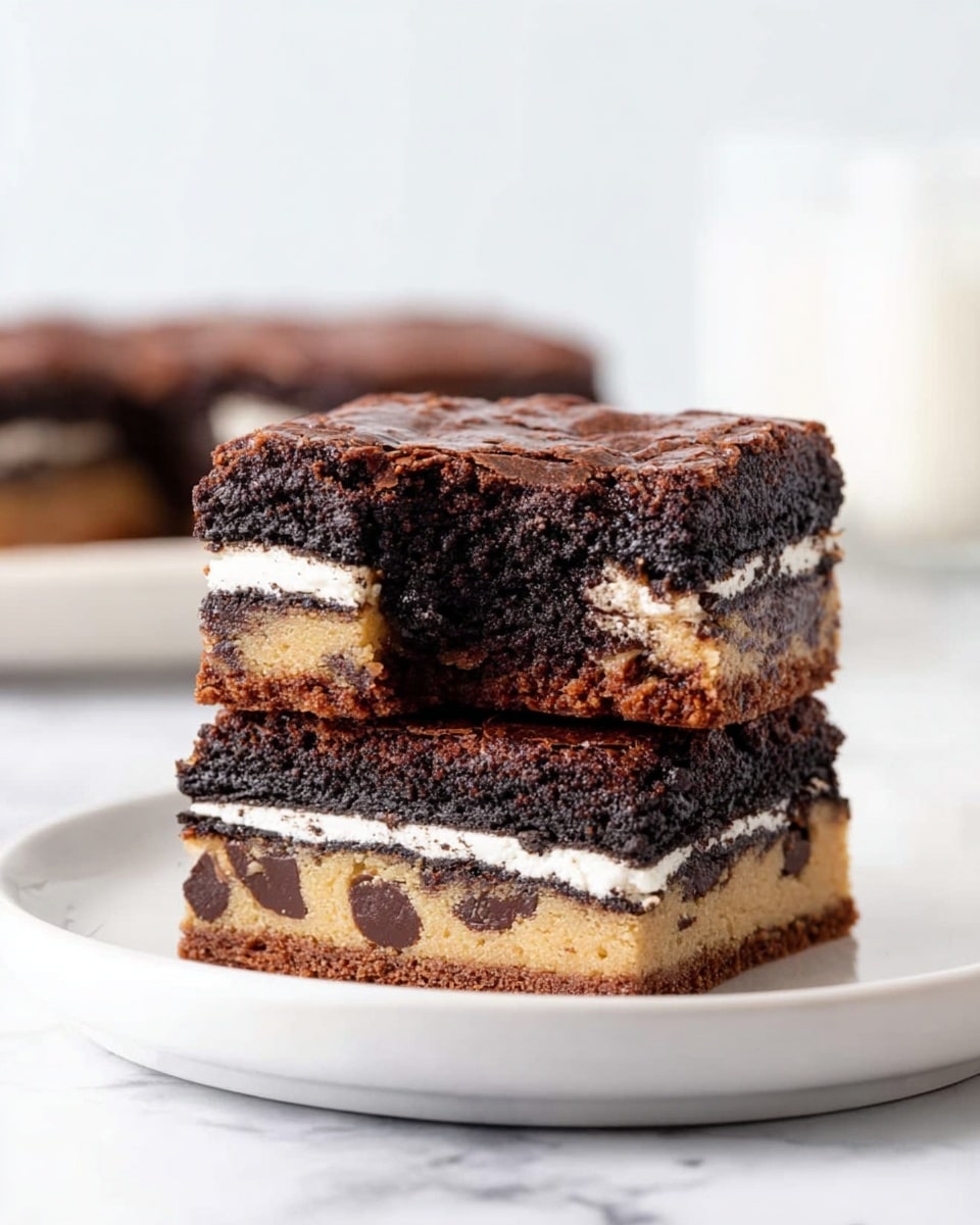 The image shows two stacked dessert squares on a white plate, placed on a white marbled surface. Each square has three visible layers: the bottom layer is light brown with chocolate chips embedded, resembling cookie dough; the middle layer is a dark chocolate sandwich cookie with white cream in the center; the top layer is dense dark brown brownie with a slightly cracked texture. The top square has a bite taken out, showing its moist inside. The background is bright white and softly blurred. Photo taken with an iphone --ar 4:5 --v 7