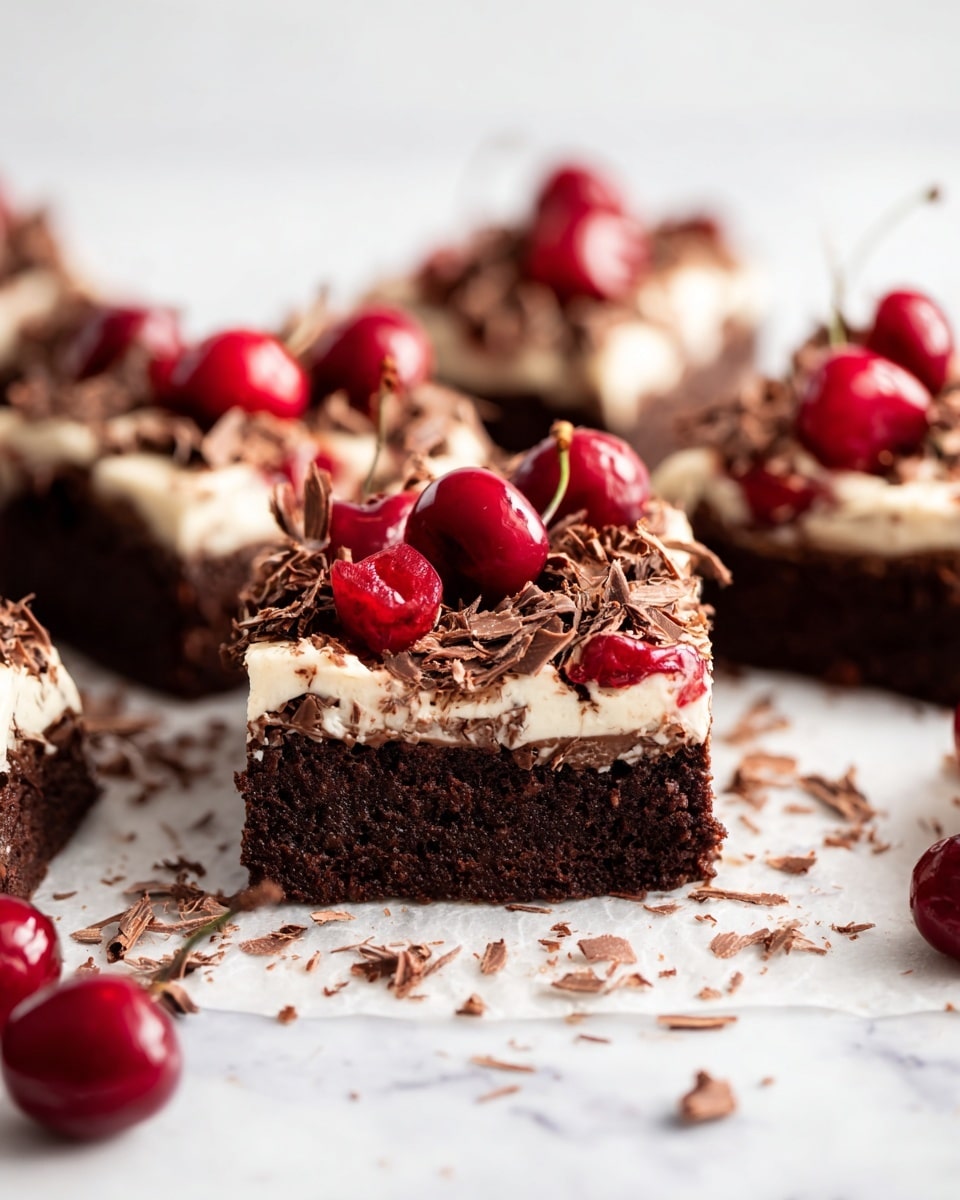 The image shows rich chocolate brownie squares with two clear layers, a dark brown dense bottom layer and a thick light cream-colored topping. On top of the cream layer, there are many milk chocolate shavings scattered across. Each brownie piece is decorated with fresh bright red cherries, some whole with stems and some cut in halves, placed carefully on top. The brownies are placed on a white marbled surface with extra cherries and chocolate shavings around them. The focus is on the closest brownie in the center, with soft blurred brownies in the background. photo taken with an iphone --ar 4:5 --v 7