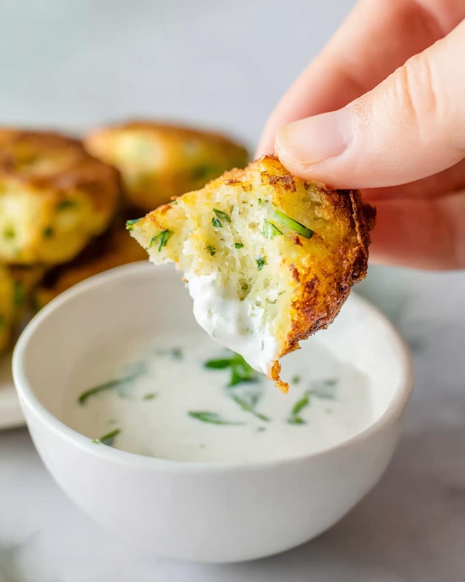 A woman's hand holds a small, golden-brown fritter with a crispy outer layer and a light, fluffy inside speckled with green herbs. The fritter is dipped halfway into a white creamy sauce in a white bowl, the sauce smooth and slightly thick with small green herb pieces inside. The background has a blurred white marbled texture with a white bowl and some fritters faintly visible. Photo taken with an iphone --ar 4:5 --v 7