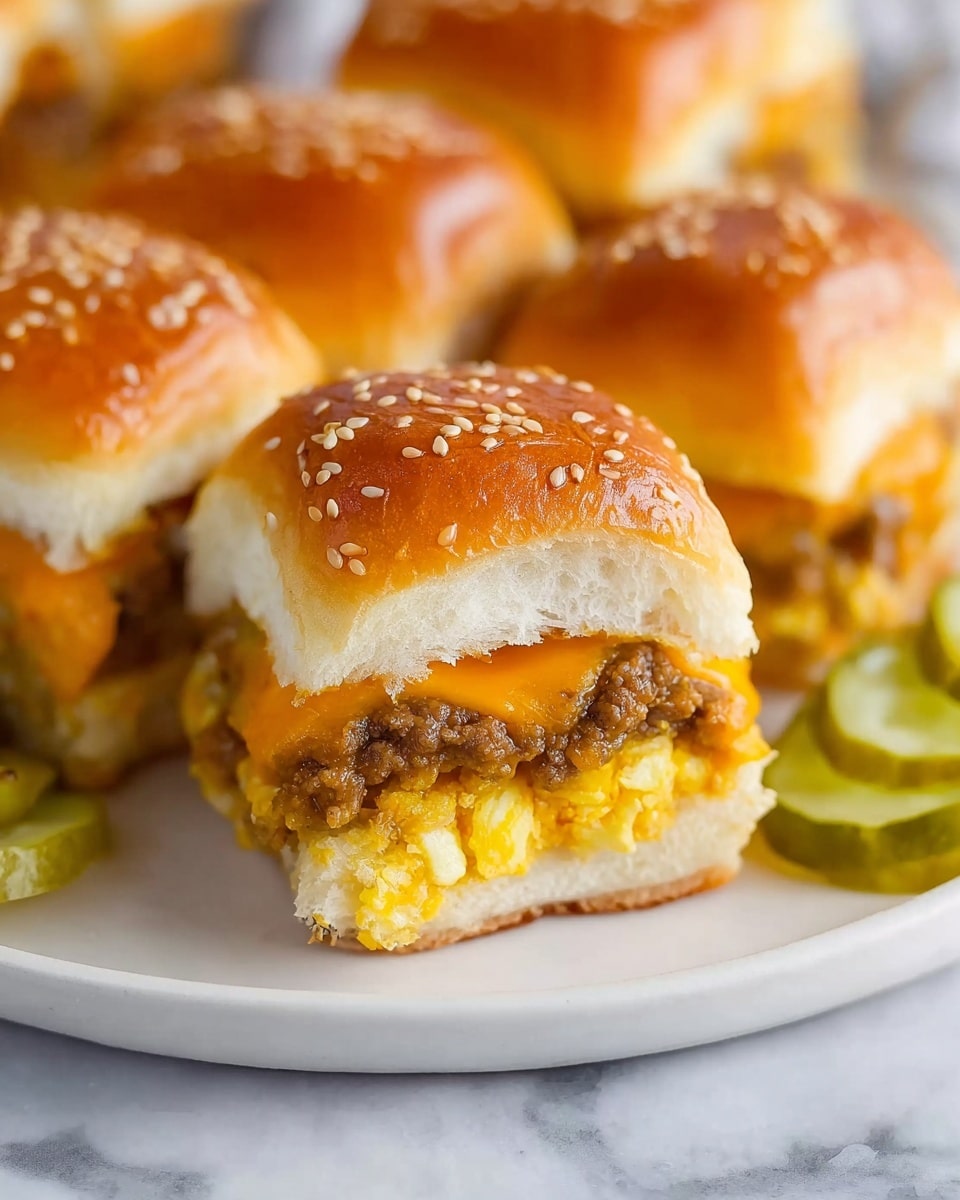 The image shows small slider sandwiches on a white plate with a soft white marbled surface underneath. Each slider has three visible layers: a shiny golden-brown sesame seed bun on top, a layer of melted orange cheese mixed with bits of cooked ground meat in the middle, and a light yellow scrambled egg or egg mixture at the bottom, all inside a soft white bun. The sliders are close together, showing the moist texture of the meat and cheese. In the background, there is a blurry glimpse of sliced pickles adding green color. Photo taken with an iphone --ar 4:5 --v 7